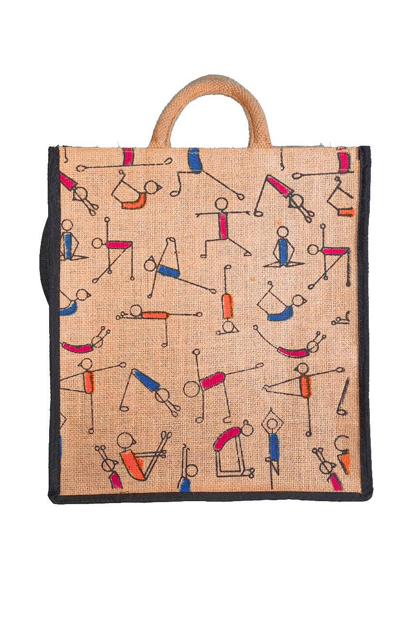 MyOrganicBag- Handmade Jute Yoga Print Tote Bag- Great Gifting Bag With Zip - Made in India