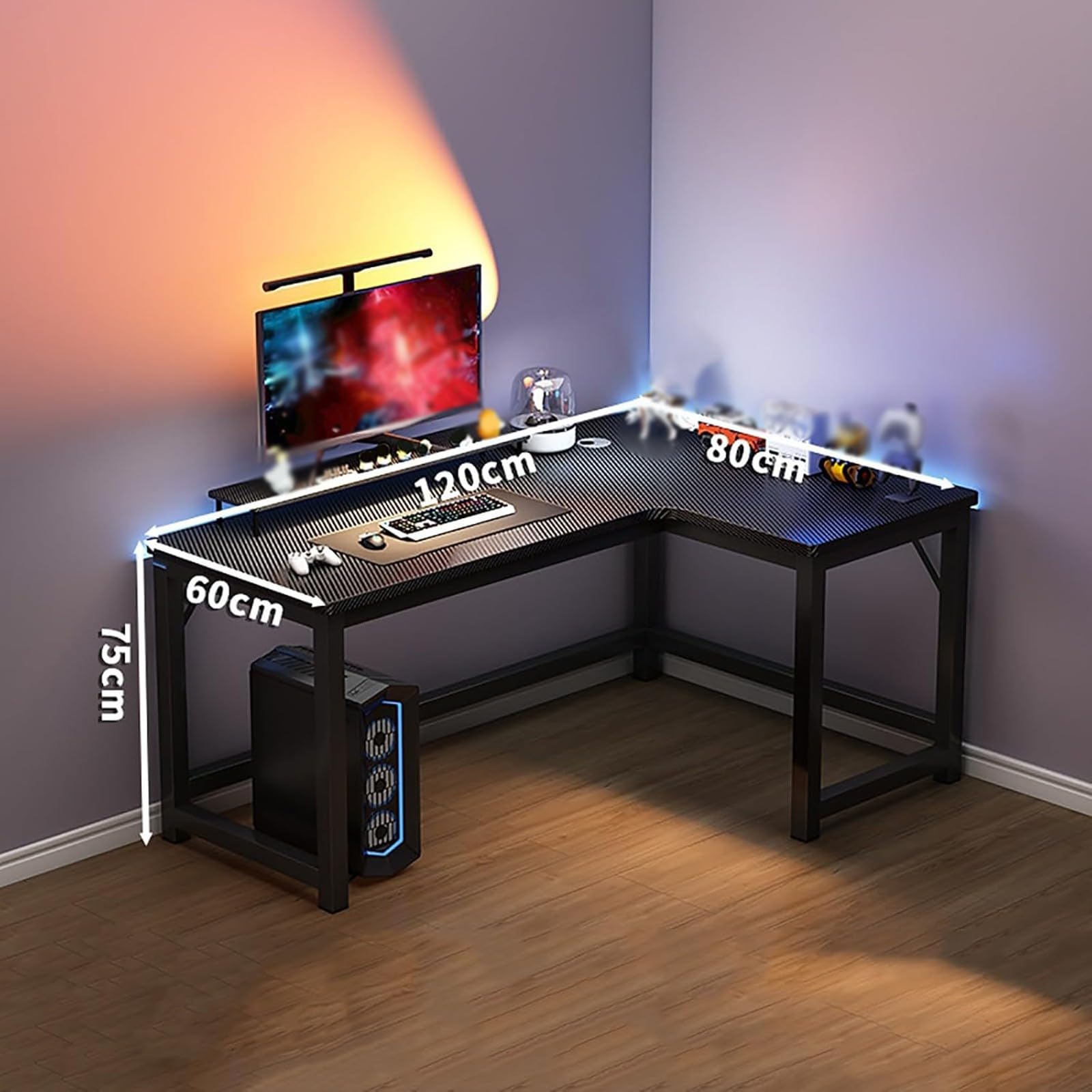 Scrivania per computer a forma di L, design esecutivo, finitura in fibra di carbonio, base a forma di H, gestione dei cavi, scrivania da gioco angolare, capacità portante stabile