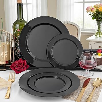 FLOWERCAT 200PCS Black Plastic Disposable Plates for Party - 10 &7 Black Plastic Plates - Serve for 100 Guests for Summer Party & Birthday & Wedding&Halloween