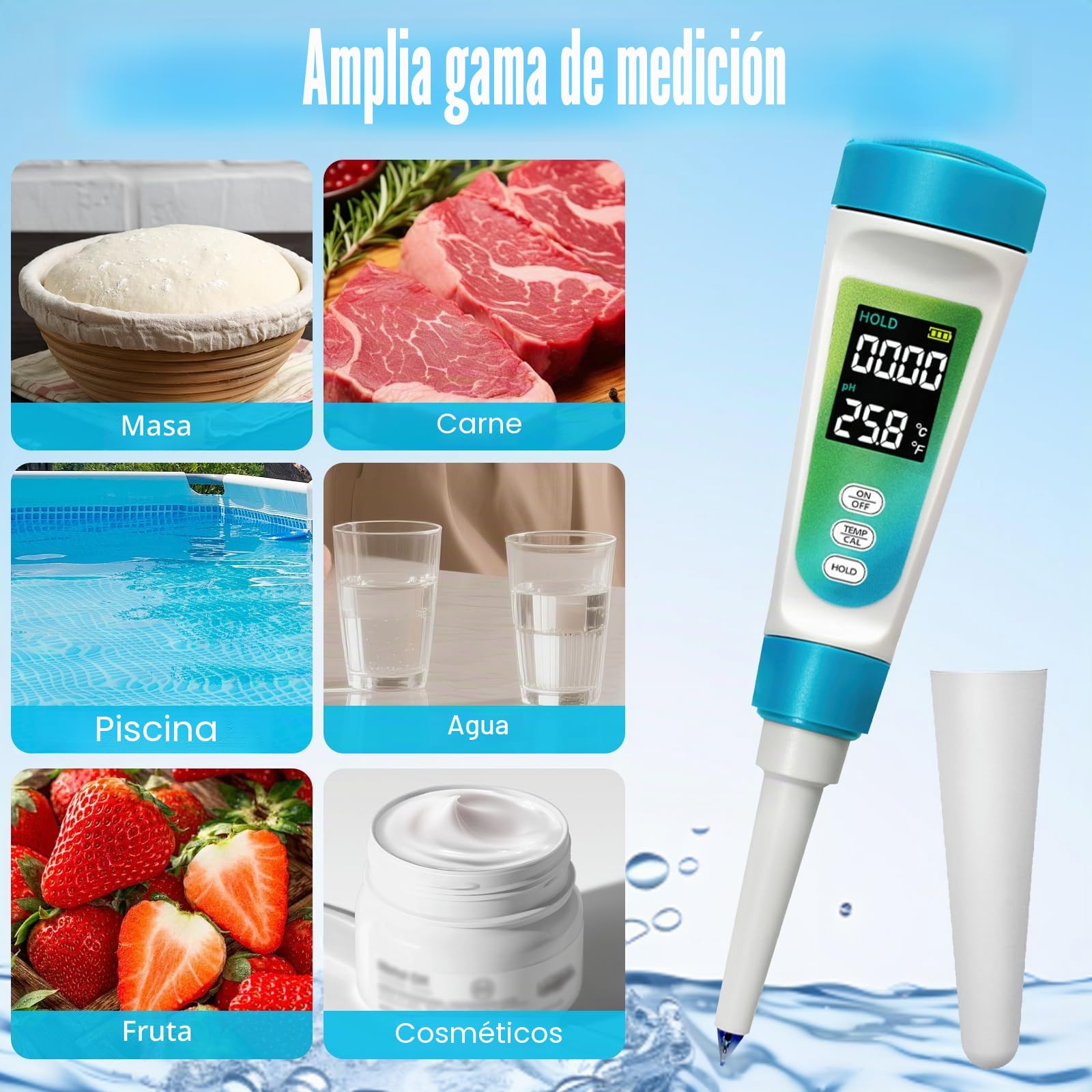 Medidor de pH Alimentos, Medidor de pH Digital con Pantalla LCD Retroiluminada y ATC, phmetro Semisolidos y Liquido para Agua, Queso, Madre, conservas, Carne y muestras sólidas