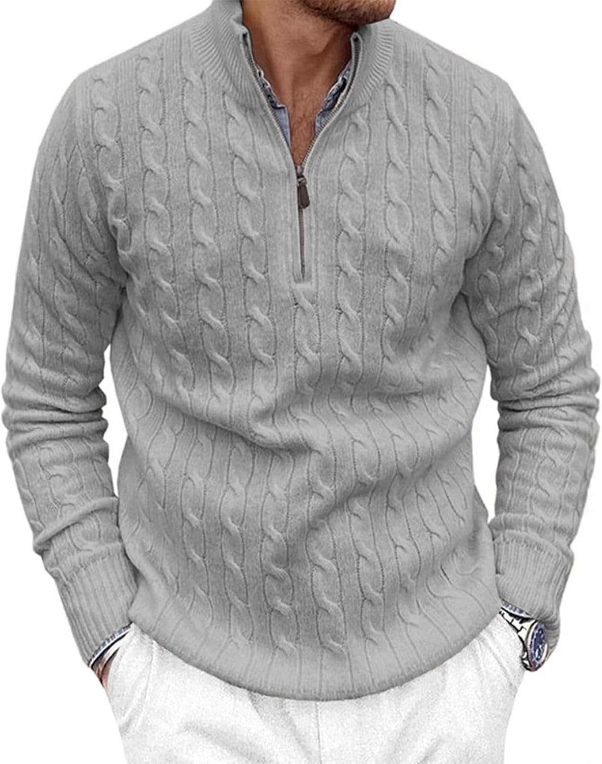 [Taopagii] メンズ セーター ニット 長袖 ケーブル編み ハーフジップ ファッション スリムフィット 柔らか 上着 ソリッ