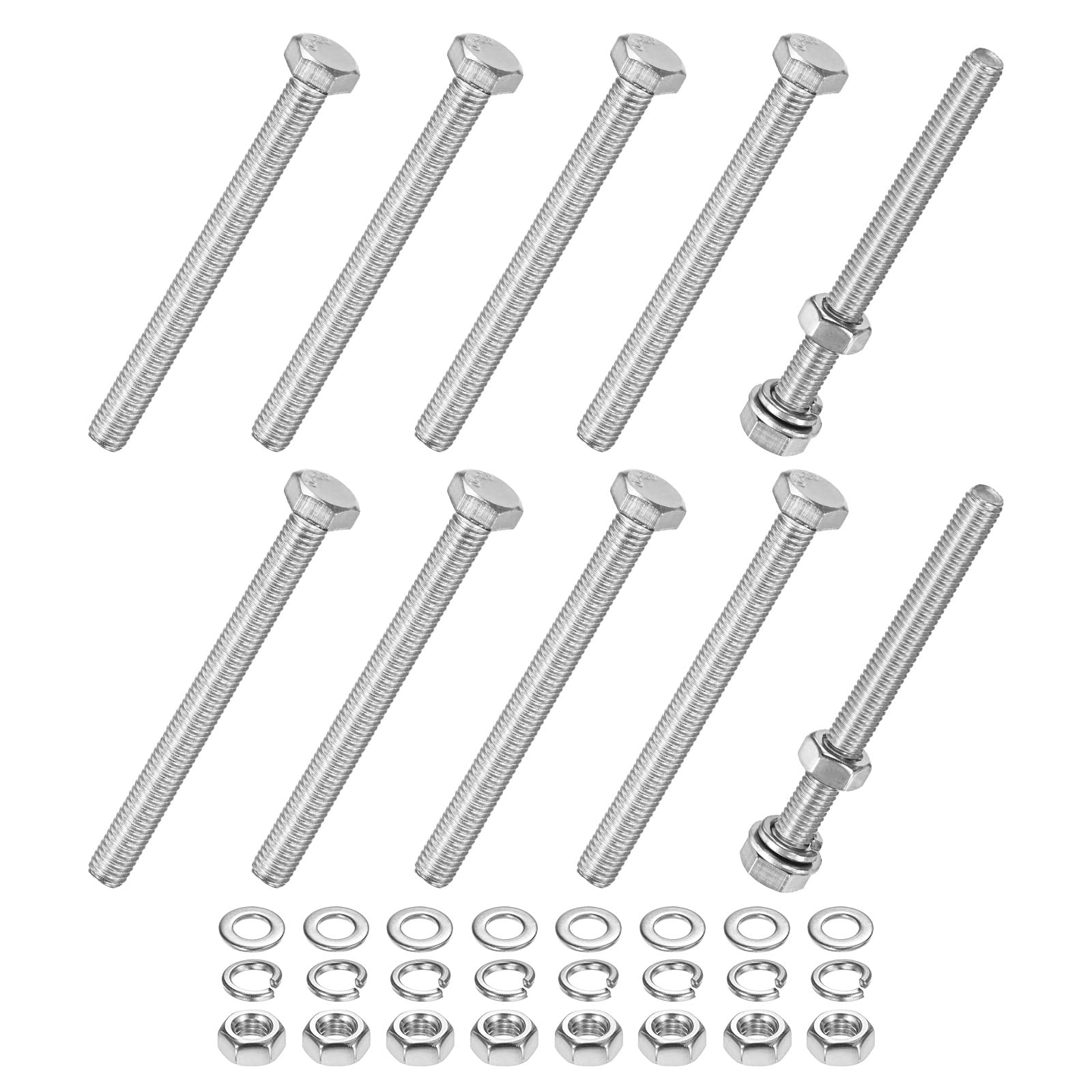 M METERXITY 10-Pack Hex Head Screw Bolt with Nuts Flat & Lock Washers M5x55mm Stainless Steel Bolts and Nuts Kit Fully Threaded Metric Bolt Assortment for Equipment/Machinery
