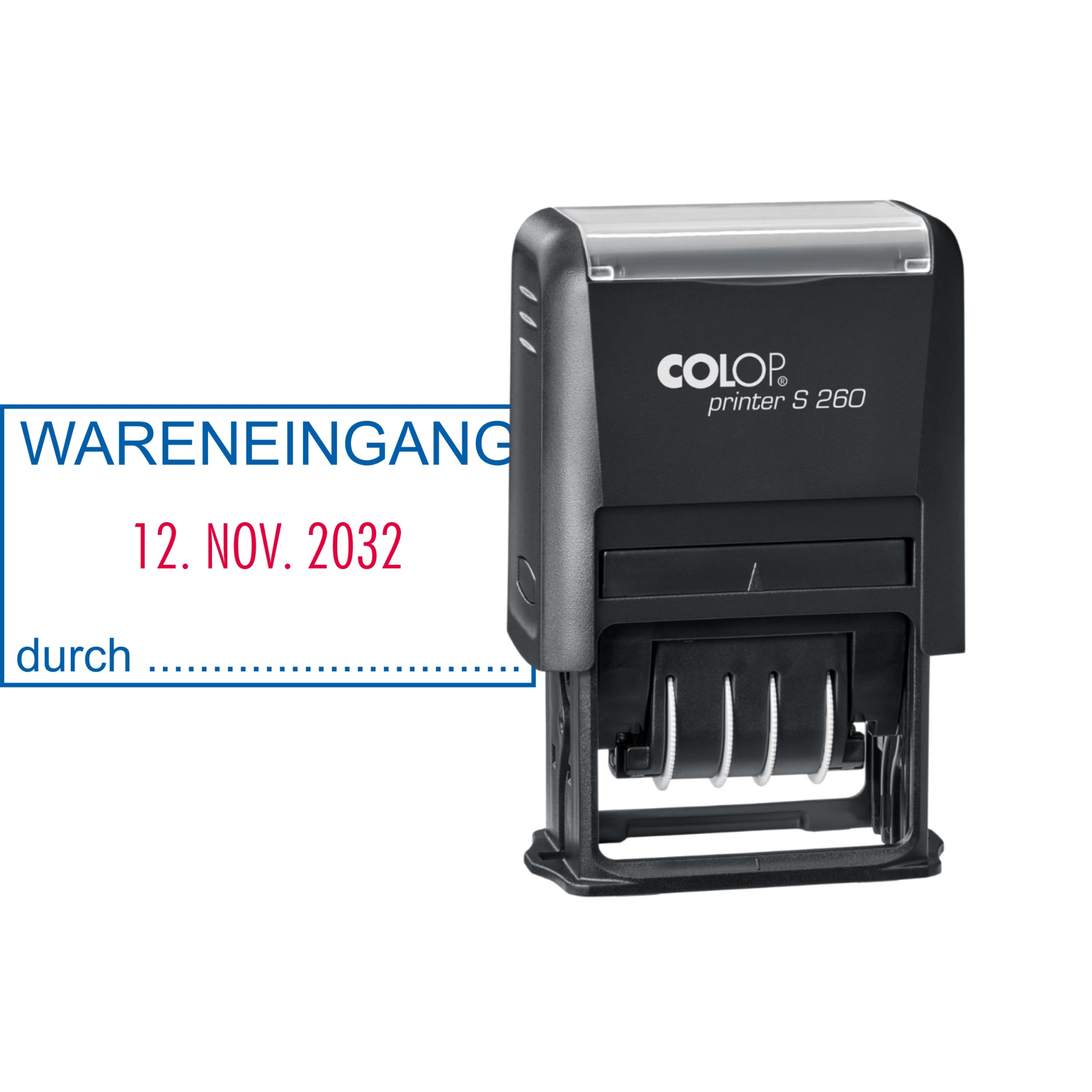 COLOP WARENEINGANG Stempel mit Datum – selbstfärbend – zweifarbiger Abdruck (Datum rot/Text blau) – Printer S 260 – Lager & Logistik ca. 45 x 24 mm