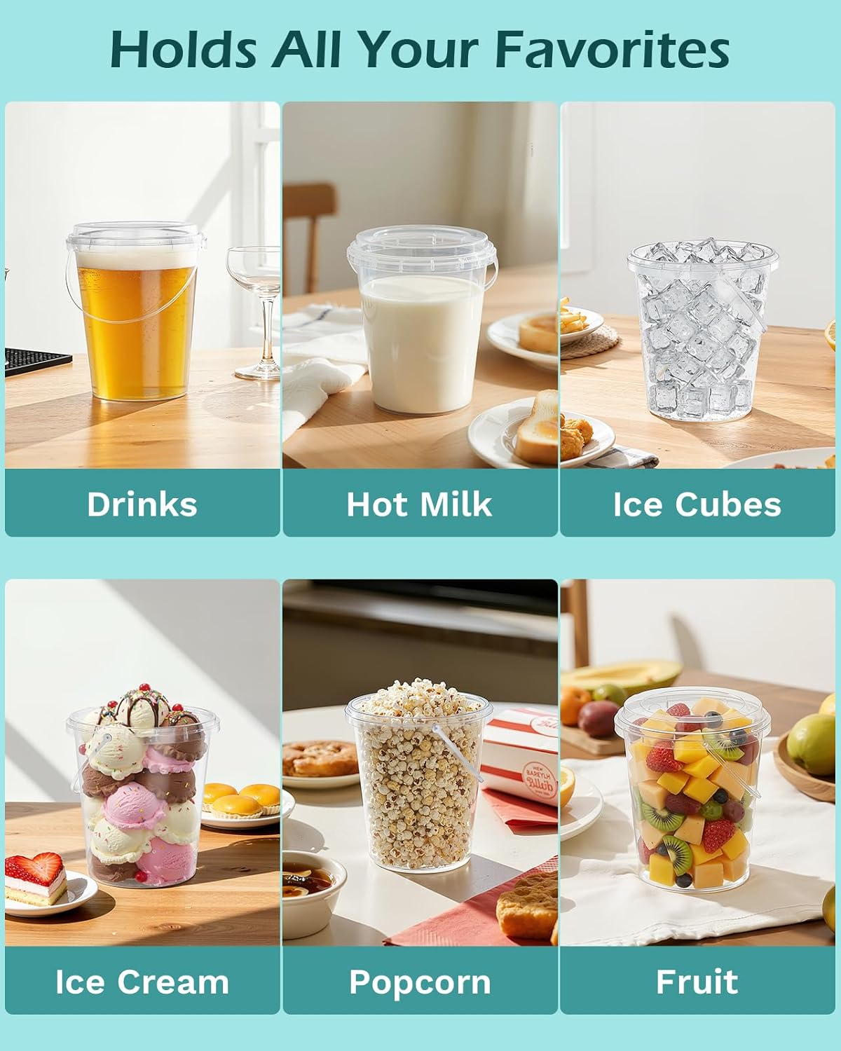 100 Sets Clear Plastic Buckets with Lids and Straws, 32 Oz Drink Bucket with Handle Disposable Cocktail Pails for Beach Pool Halloween Football Parties Bar Beer - Image 6