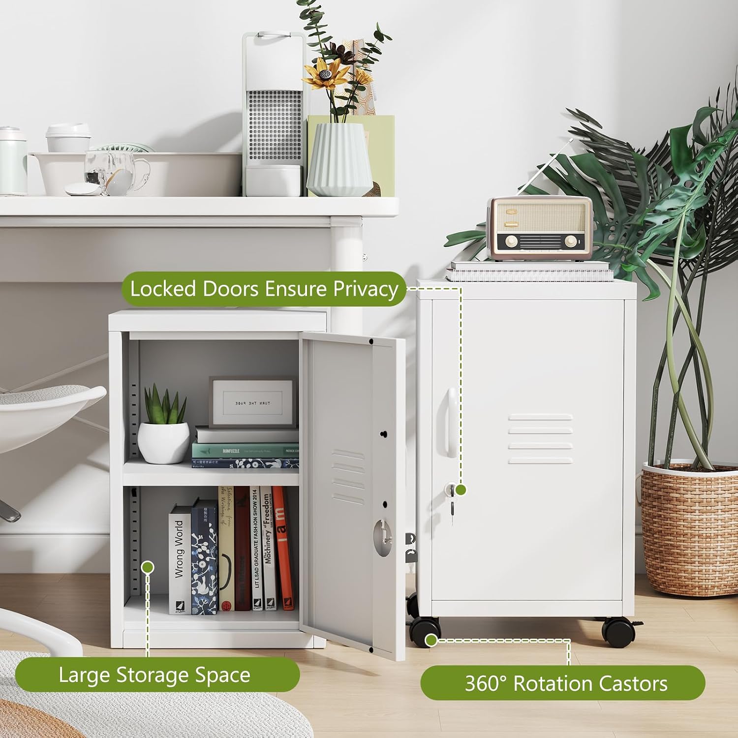 pozdeg 24.4" H Metal Locker Storage File Cabinet with Wheels - Small Employees Locking Cabinet Steel Locker Adjustable Shelf & Lock, Single Door Lockable Cabinet for Home, School, Office, Gym (White)