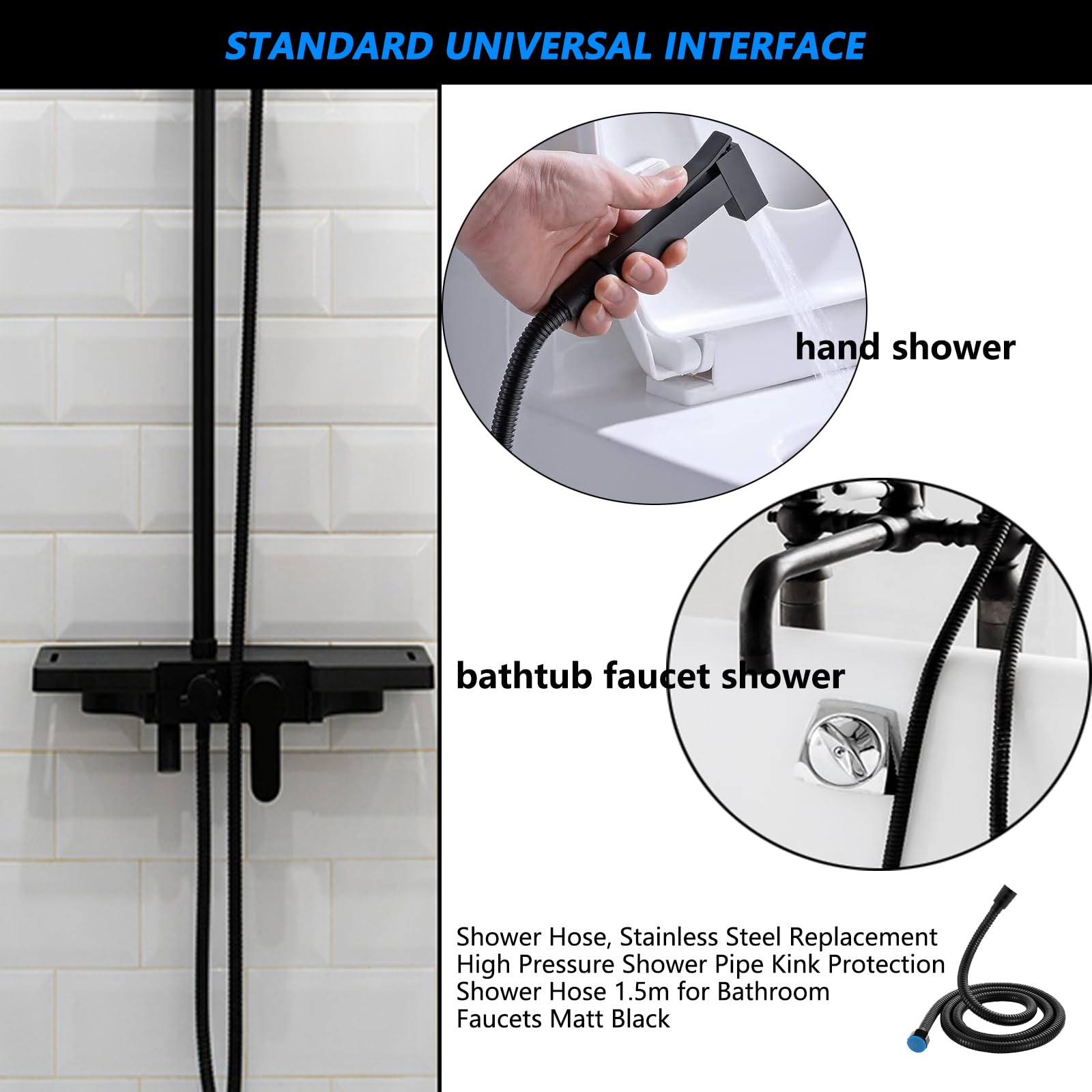 Tubo Doccia Nero 2 M, Flessibile Doccia In Acciaio Inox Standard 1/2" Connettore Universale Anti-Torsione Tubo Doccia per Doccetta E Rubinetti Vasca Da Bagno
