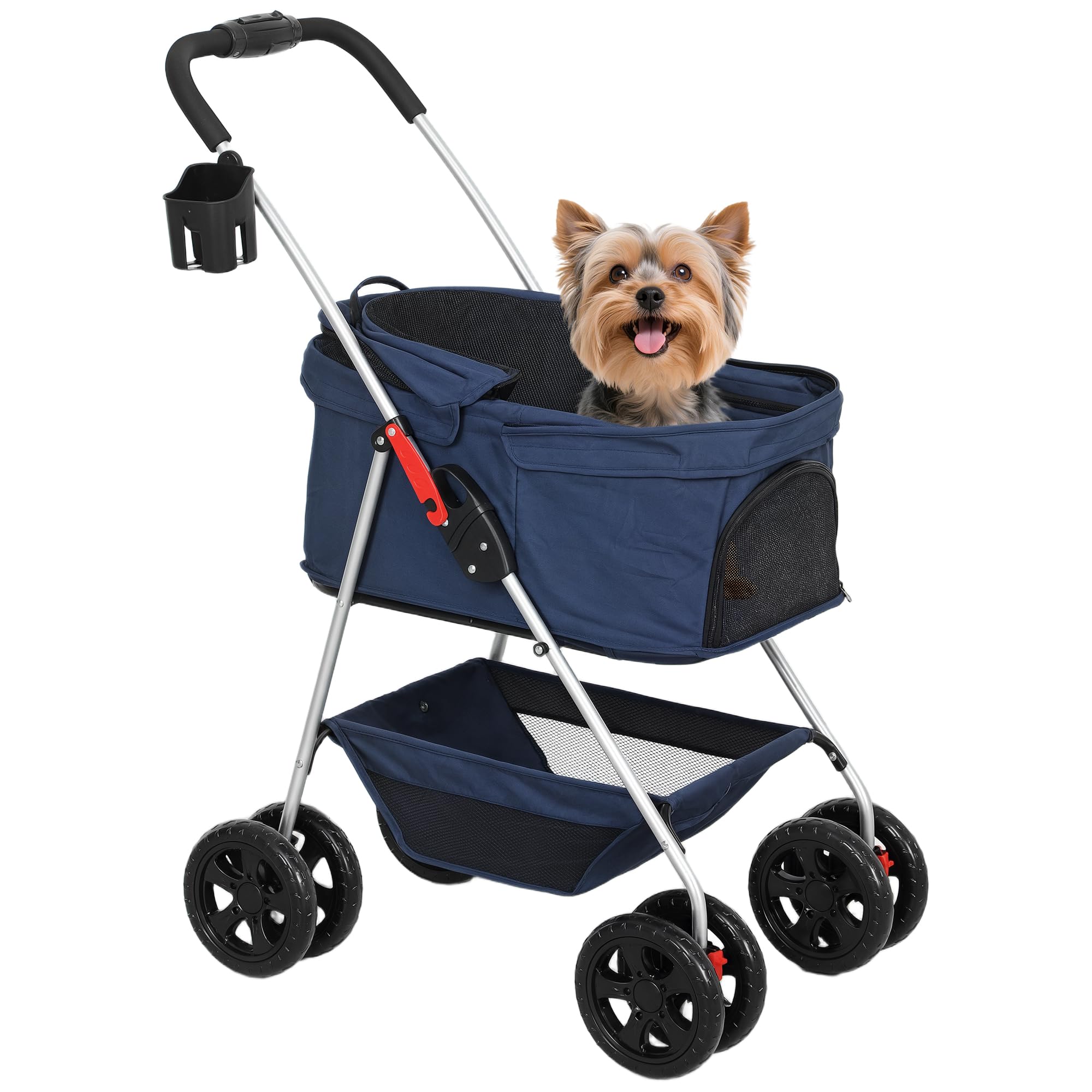 PawHut Carrito para Perros Plegable 3 en 1 Cochecito para Mascotas Carrito para Perros Miniatura con Cesta de Almacenaje Ventana de Malla Portavasos y 2 Ruedas Universales 76x50x102 cm Azul Oscuro