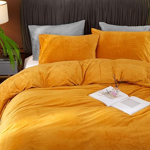 Miniatura 3 de Ivellow Juego de funda de edredón de terciopelo tamaño queen, color dorado, 3 piezas, ultrasuave, transpirable, unicolor, terciopelo de franela, con