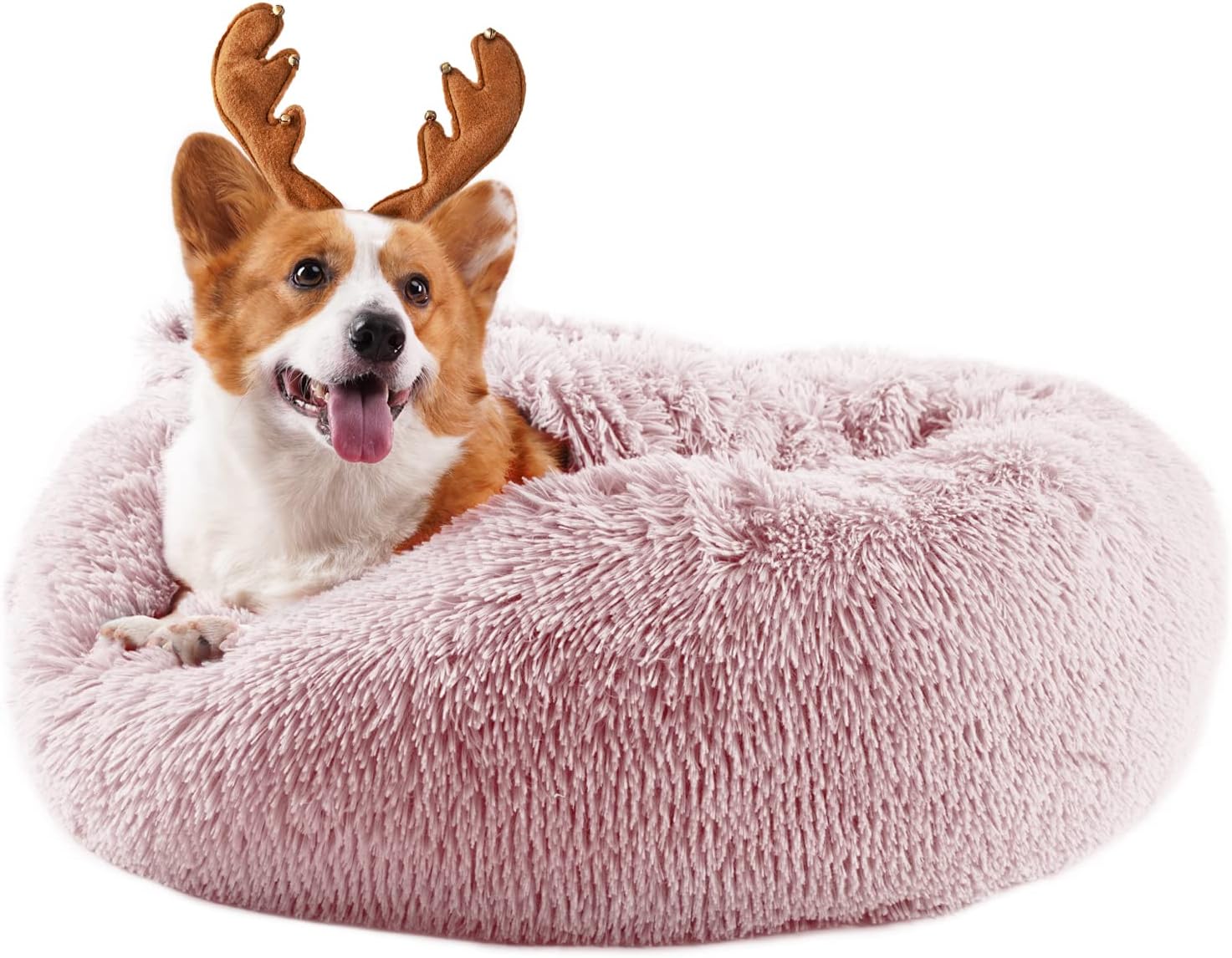 suddus Anti Anxiety Dog Bed with Blanket Attached, Round Fluffy Pet Bed, Donut Dog Bed Large, Faux Fur, Washable, Beige, 36''
