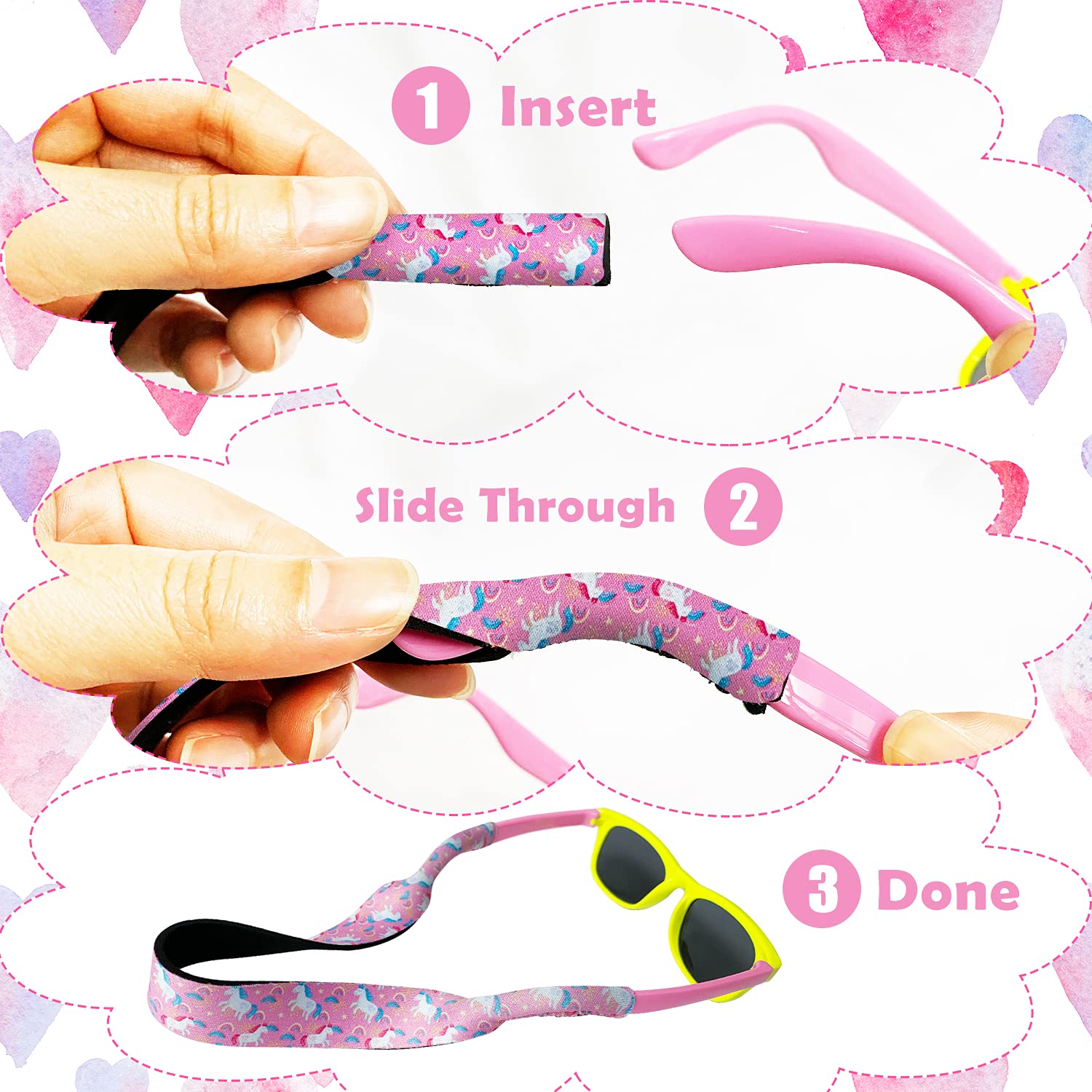 Diseño de retenedor de gafas para niños con material de neopreno flotante, correa ajustable sin cola para niños/niñas, paquete de 2