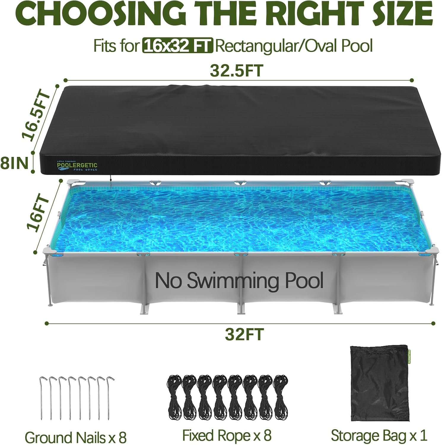 16x32 FT Rectangular Pool Covers for Above Ground Pools, Heavy Duty Solar Pool Cover for Rectangle/Oval Frame Pool, Winter Pool Cover with Ground Nails Ideal for Waterproof & Dustproof
