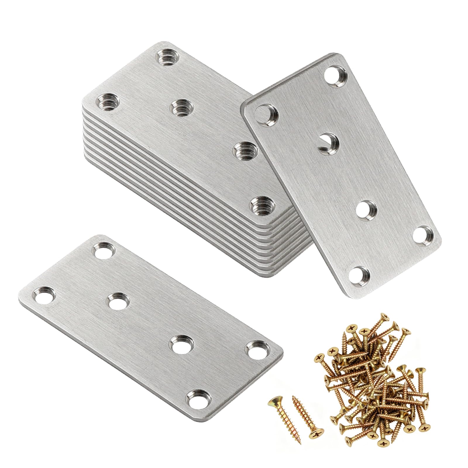 BNPHSIN 10Pcs Flat Brackets for Wood with 60 M4×16mm Screws, 80 × 40 × 2mm Heavy Duty Metal Joining Mending Plates, Corner & Sleeper Brackets for Wood Fixing, Timber Furniture Fence Repair Connector