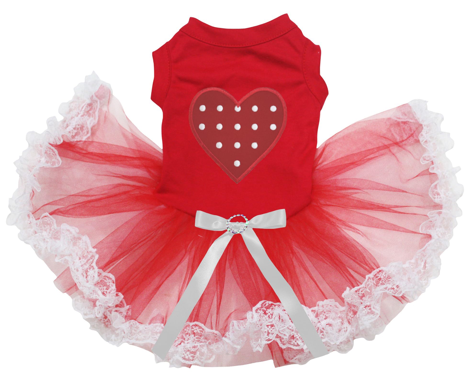 Petitebelle Red Polka Dots Heart Puppy Dog Dress (Red/Red White Lace, Large)