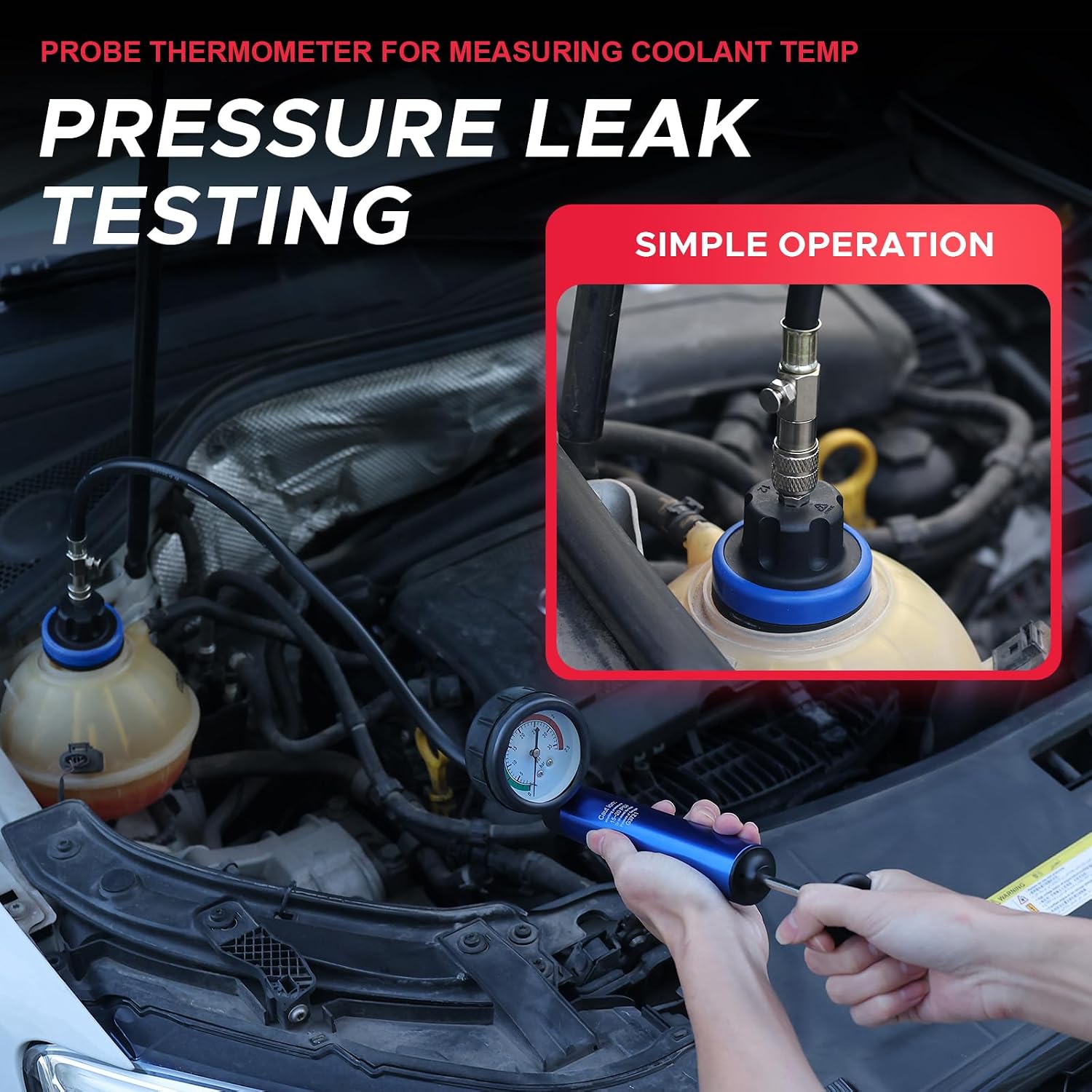 Coolant Pressure Test kit, Automobile Radiator Pressure Test kit, Aluminum Adapter, Hand Pump with Pressure Gauge, Hose, Thermometer and Cooling System Leak Detection. (18PCBlack)