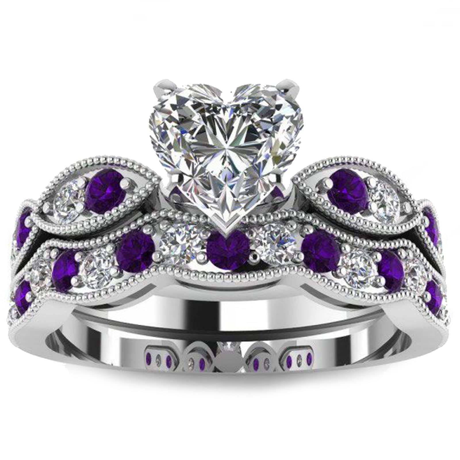 Jeulia 3 Carat CZ Solitaire Engagement Rings Halo Milgrain Heart Cut Sterling Silver Ring Set Promise Engagement Wedding Anniversary Rings Bridal Sets for Women