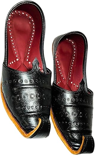 Sunking Traditional Handcrafted Black Leather Punjabi Jutti, Ethnic Rajasthani Men's Slip-on Shoes, Breathable Khussa Styl...
