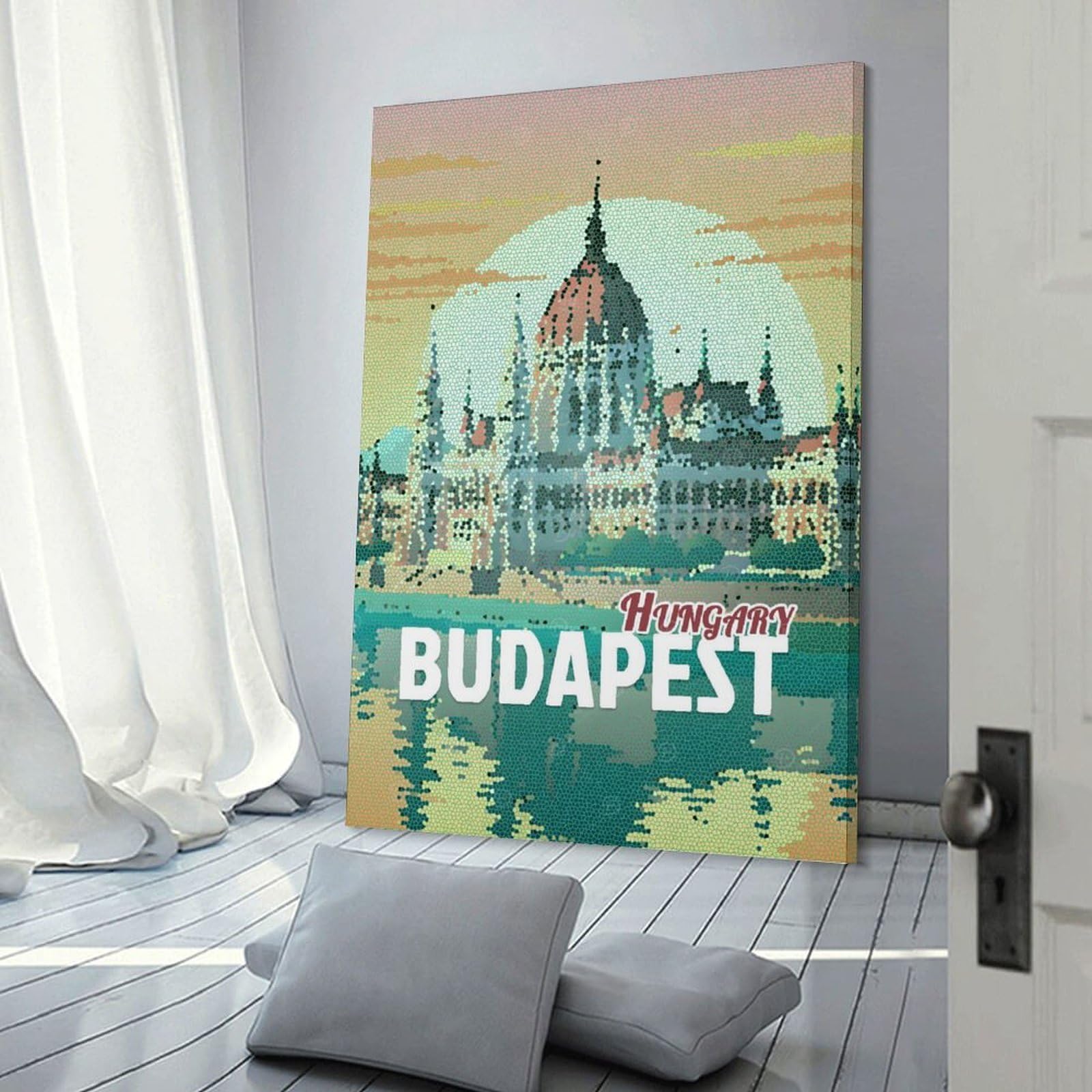 Junmoney Budapest Hungary Mosaic Travel Canvas Wall Decor 24x36inch(60x90cm), for Lounge, Study, Hallway Or Flat Walls, Canvas Wall Art That Fits Changing Layouts