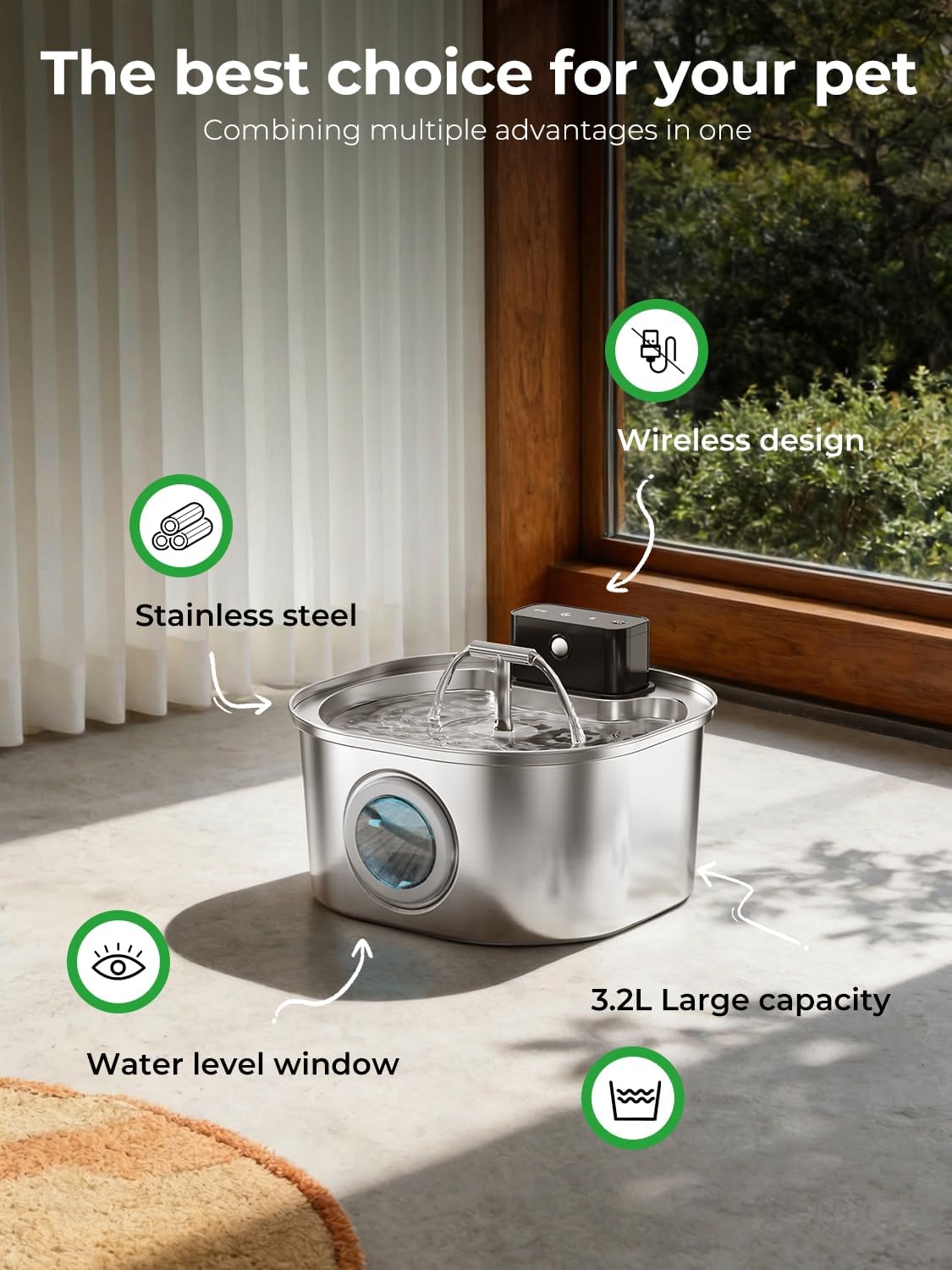 Voluas Stainless Steel Wireless Cat Water Fountain: 3.2L/108oz 3-Modes Pet Drinking Fountain Indoor Cordless Motion Sensor with Pet Water Dispenser Bowl with Water Level Window, BPA-Free, 4Filter