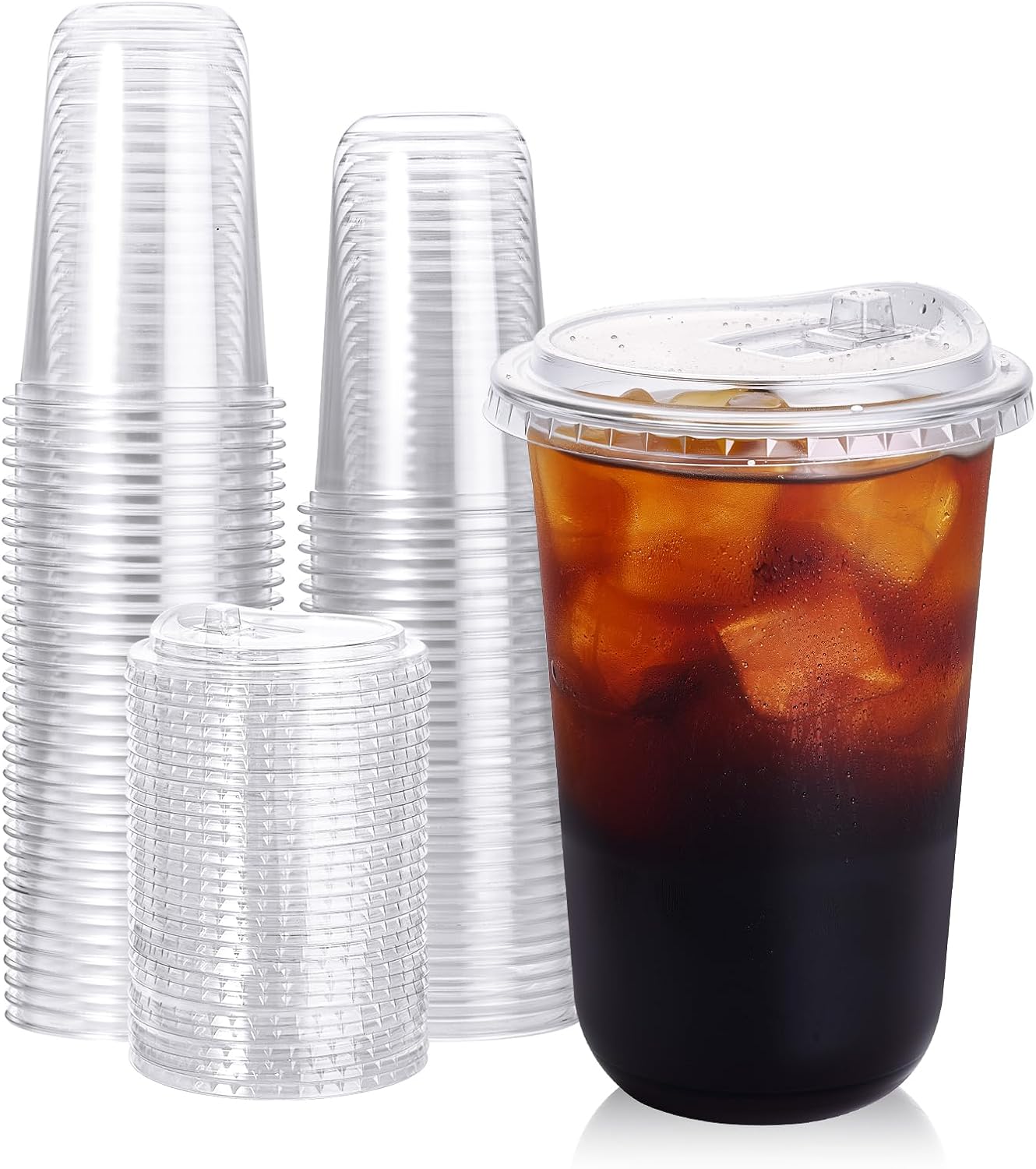 Turbo Bee 100 Pack - 16 oz Round Bottom Clear Plastic Cups with Strawless Sip - Lids, Disposable To Go Coffee Cups with Sippy Lids for Iced Coffee, Cold Drinks and Beverages