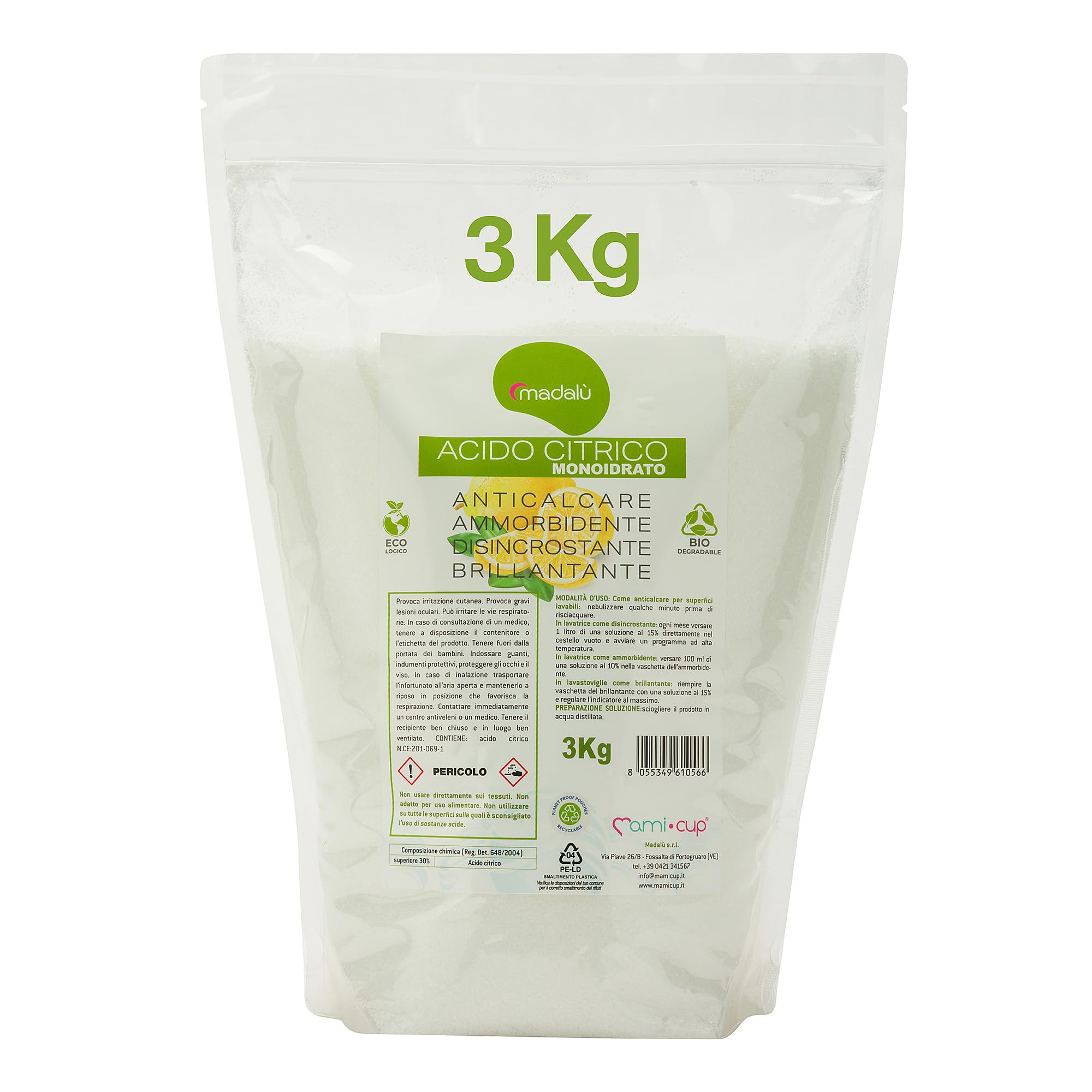 Acido Citrico 3 kg, Ammorbidente, Anticalcare, Brillantante, Puro e Versatile, Per pulizie naturali ed sostenibili