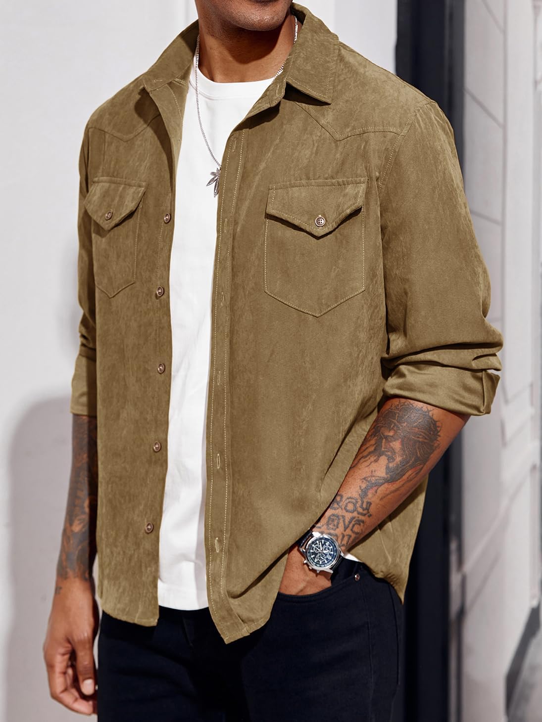 Runcati Mens Long Sleeve Suede Shirts Button Down Shacket Casual Work Western Regular Fit Shirt Jacket - Image 2