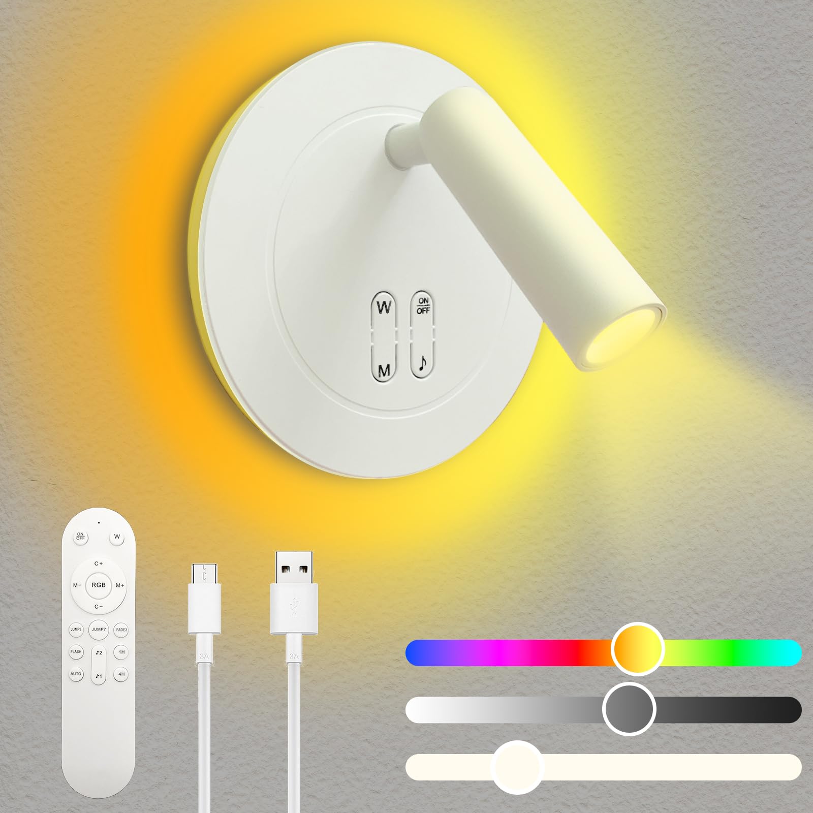 RGB Color Changing Adjustable Wall Sconces, 350°Rotatable Spotlight Wall Mounted Reading Light 3000K, Wall Lighting with Music Sync and Timer, APP and Remote Control Bedroom Gaming Living Room Decor