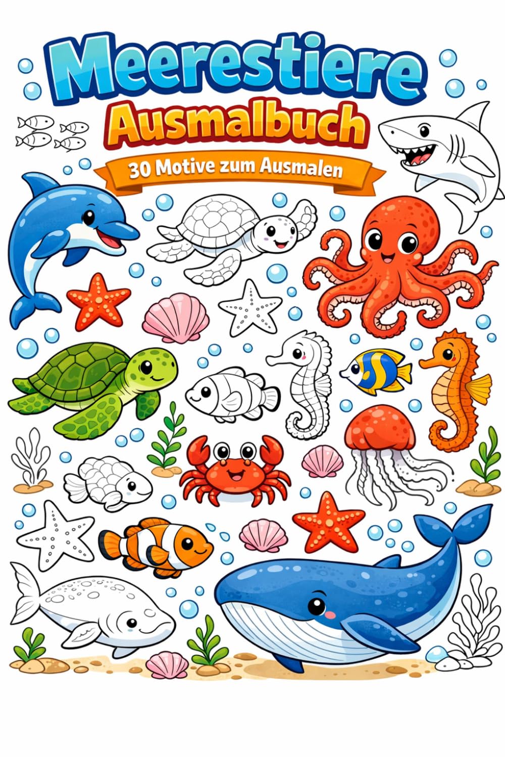 Meerestiere Ausmalbuch für Kinder ab 4 Jahren - 30 einfache Motive zum Ausmalen – Fische, Delfine, Haie, Wale und viele spannende Meerestiere