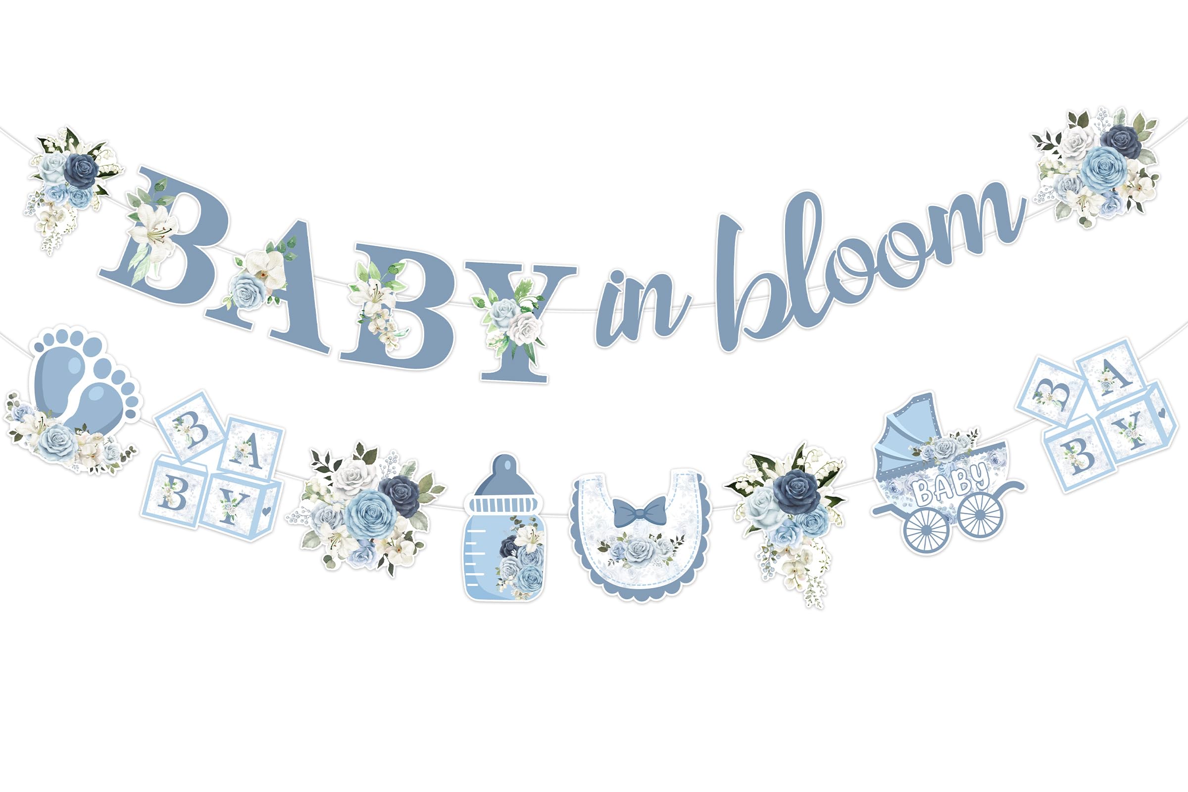 Baby in Bloom Banner Blue Floral Baby Shower Decorations Feeding Bottle Bib Flower Banner Garland for Boys Baby Shower Gender Reveal Party Pregnancy Announcement Supplies