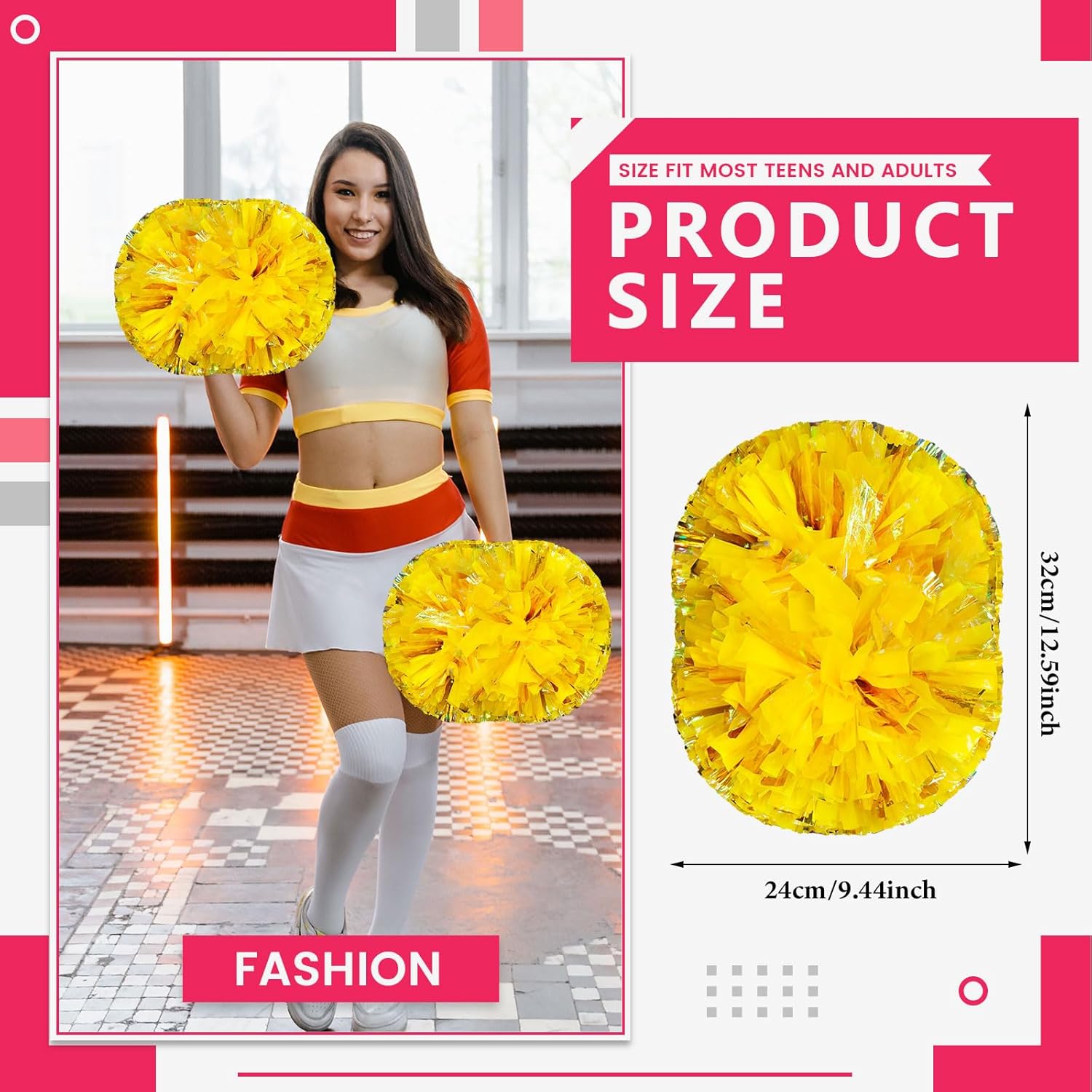 20 PCS Metallic Cheerleading Pom Pom for Team Spirit Sports Dance Cheering Kids Adults-Handle Style (Mixed Gold)