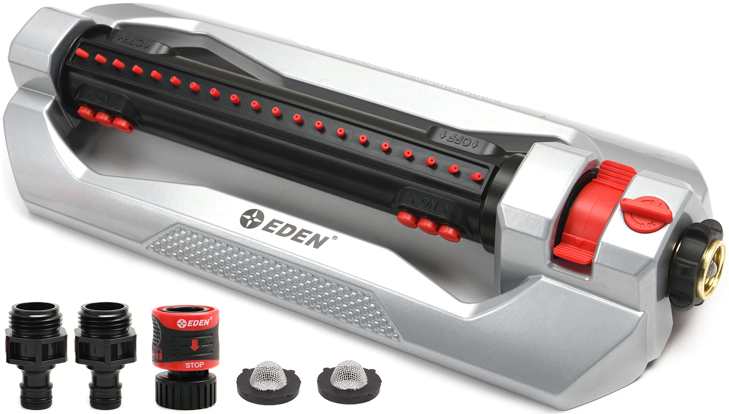 eden 96216 heavy duty metal 3-way oscillating sprinkler for large lawn and garden wquick connect starter set