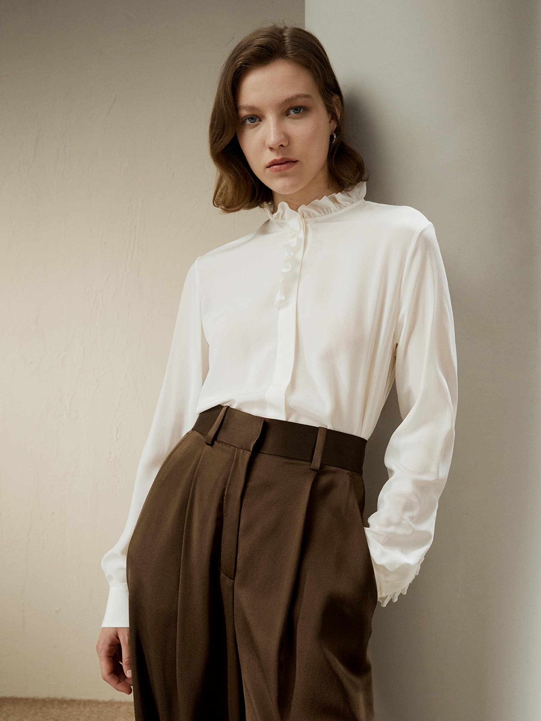 LilySilk Damen Seidenhemd Frauen 100% doppellagige Crêpe Seidenbluse mit dekorativen Rüschen für Freizeit