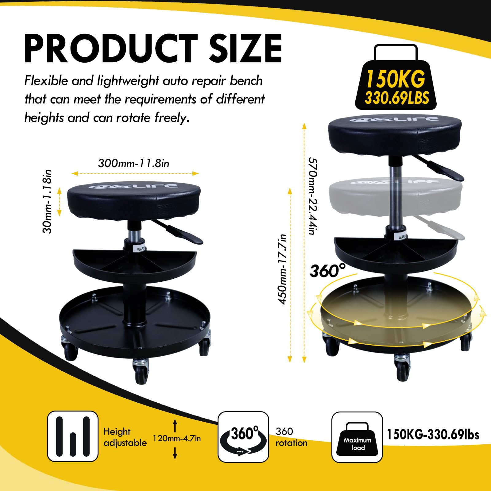 CCLIFE Taburete de Taller con Ruedas y 2 Bandejas MAX. 150 kg Taburete de Altura Regulable 38-50 cm