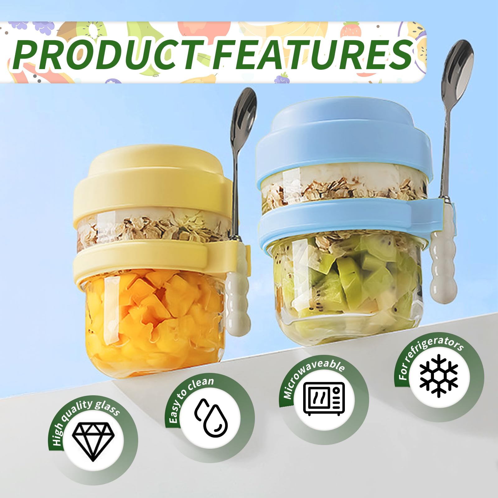 Overnight Oats Jar 2 Pezzi, Contenitori Vetro per Alimenti con Coperchio e Cucchiaio, 440ml Meal Prep Contenitore Vasetti per Yogurt Riutilizzabile, per Avena, Vasetti per Budini, Insalate, Marmellate