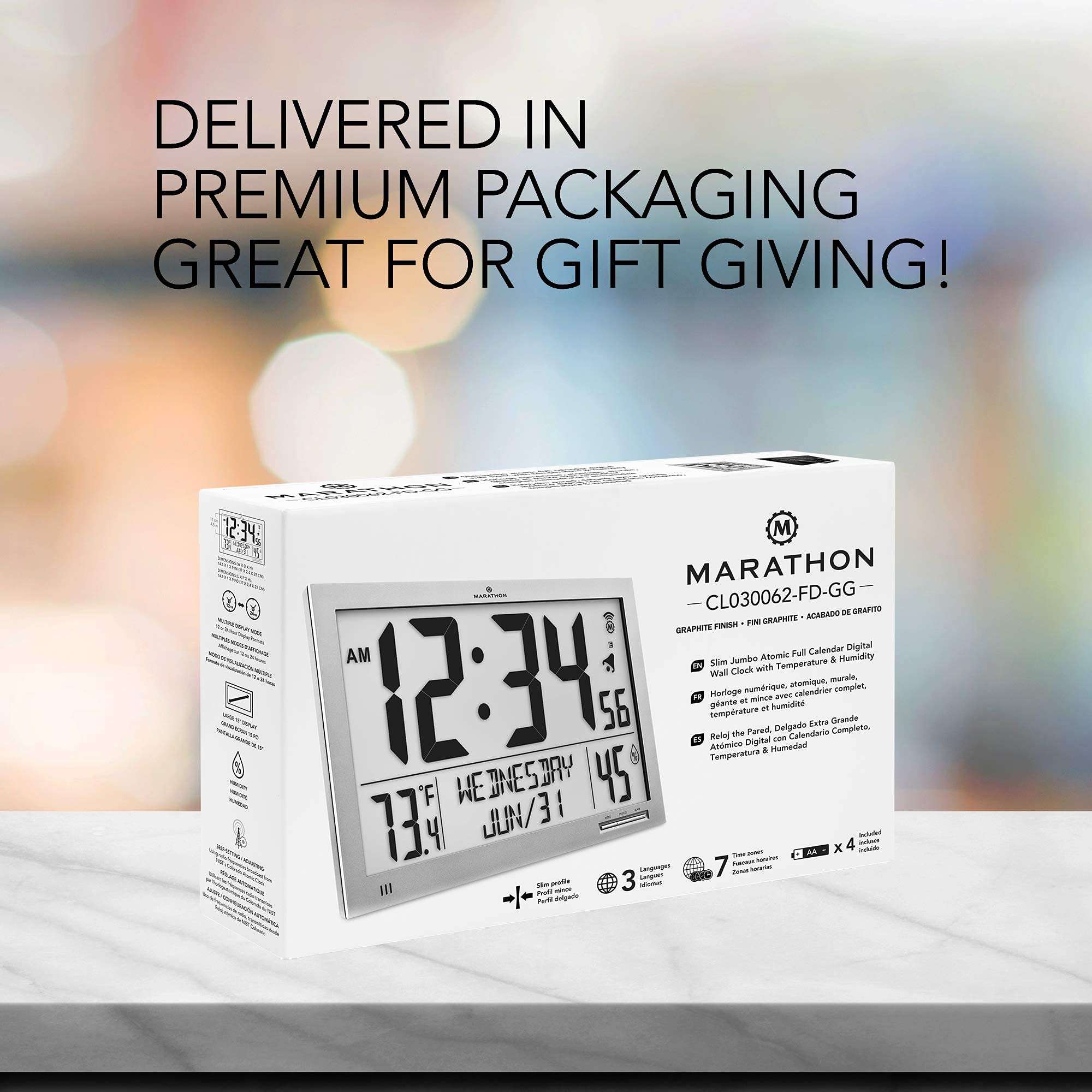 MARATHON Slim Jumbo Atomic Wall Clock Full Calendar Display with Indoor