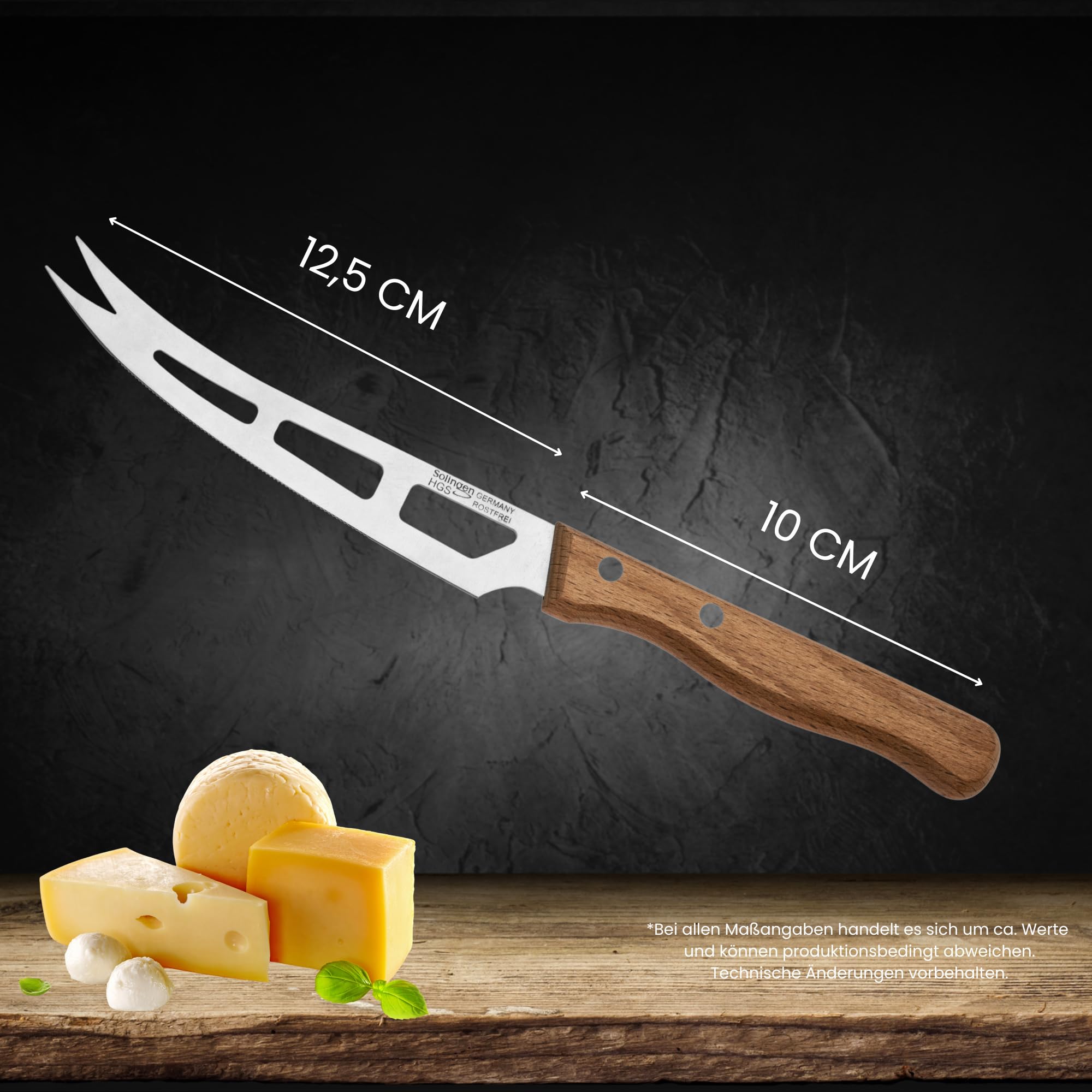 GEHRING| Solingen Käsemesser Set 4tlg. LOOK, Käseschneider mit Buchenholzgriff, für Hartkäse, Weichkäse, Streichkäse, mit Käsebeil, Besteck