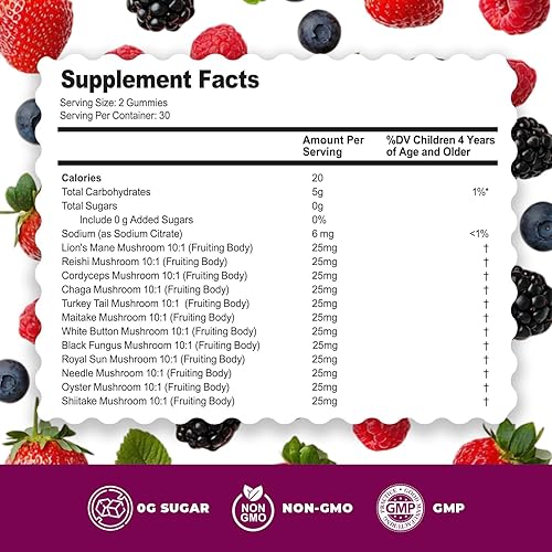 Miniatura 2 de DR. MORITZ Gomitas de melena de león para adultos y niños mayores de 4 años, gomitas de hongos con mezcla 12 en 1 que incluye Reishi y Chaga, melena