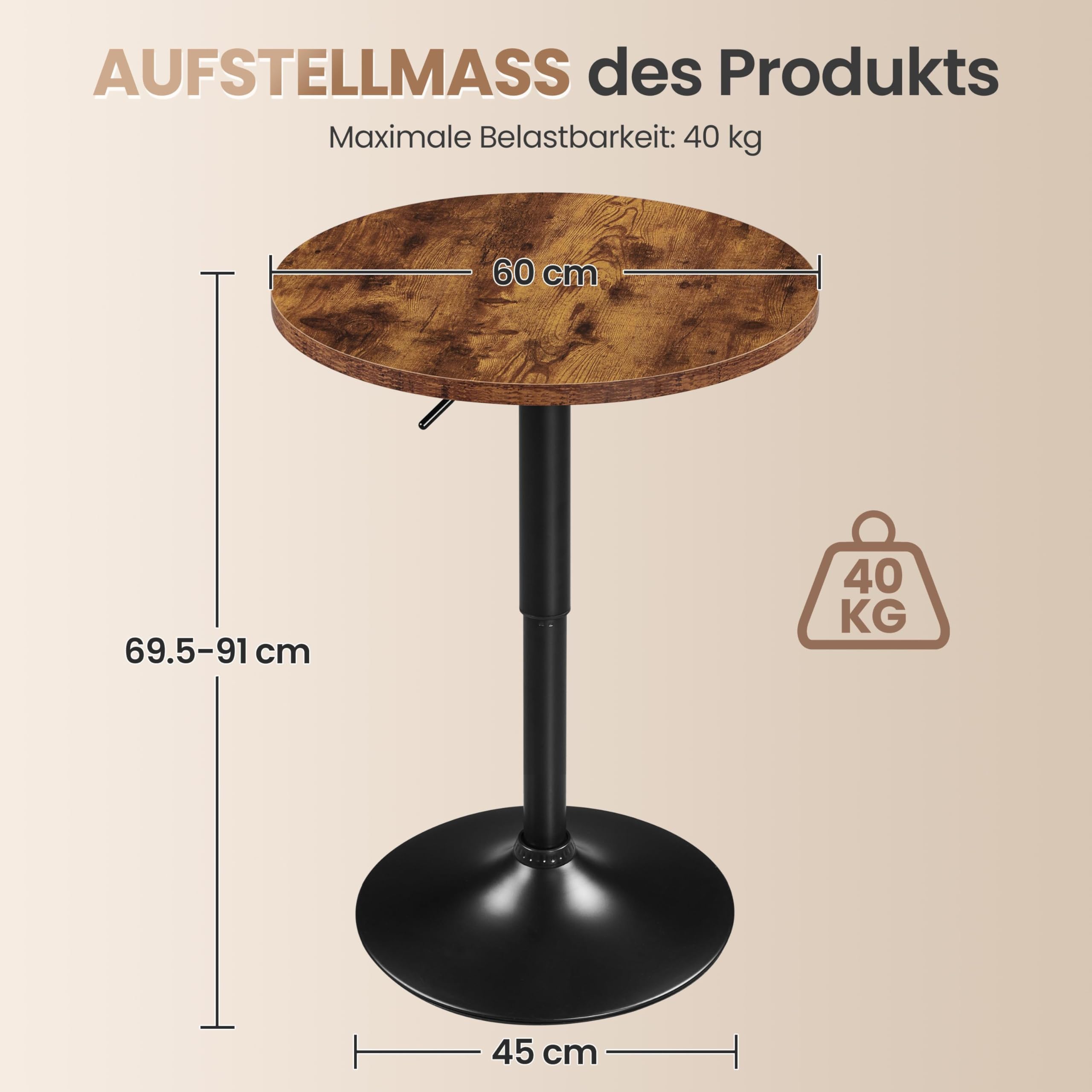 Yaheetech Round Bar Table, Height Adjustable 79.5 - 91 cm, Bar Table