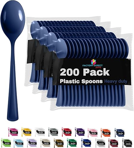 Party Solids Cubiertos de plástico resistente, 200 piezas, cucharas de plástico azul marino desechables, cubiertos, cubiertos