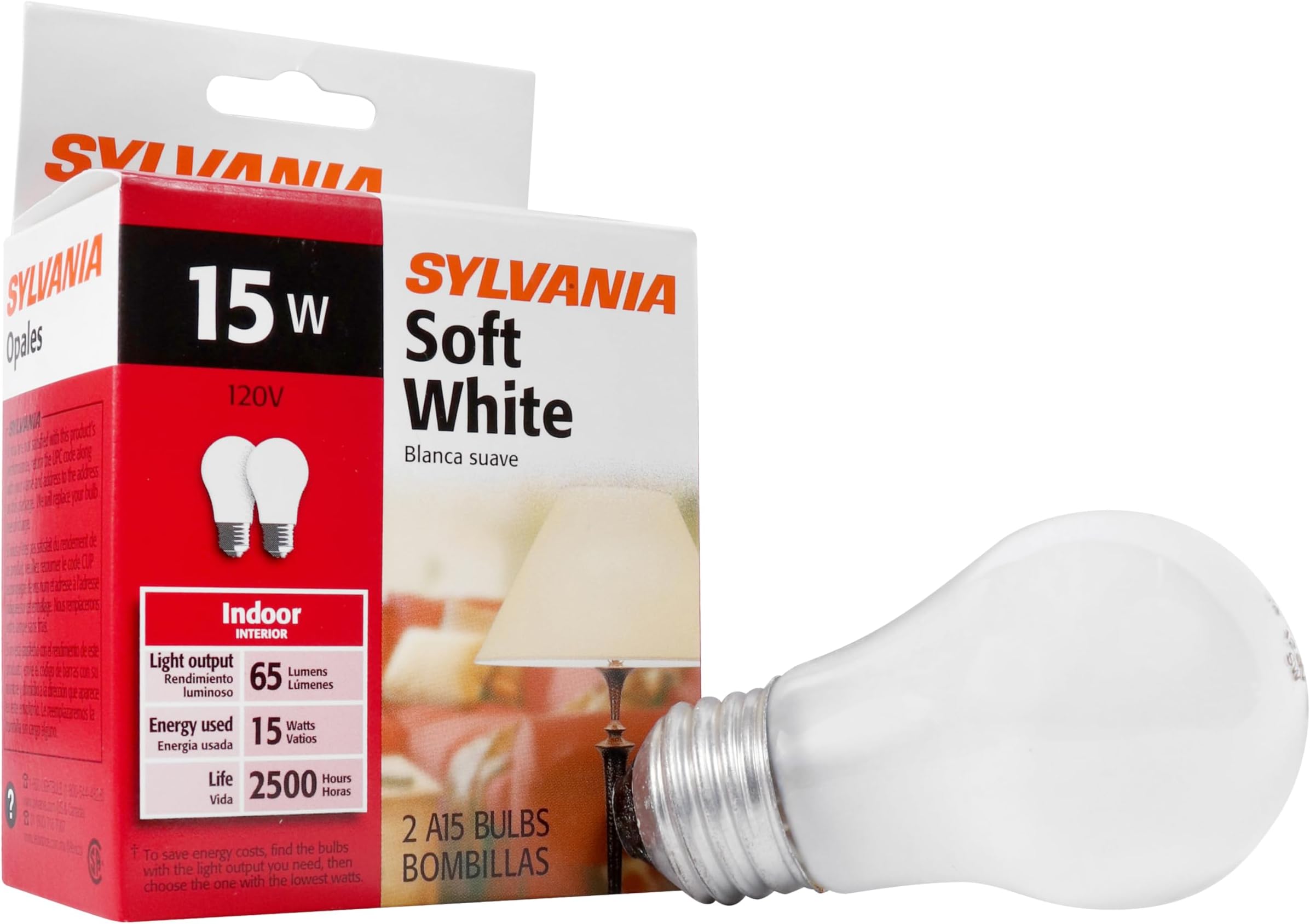 Sylvania Incandescent Appliance Light Bulb, 15W A15, Dimmable, Medium Base, 65 Lumens, Frosted, 2850K, Soft White - 2 Pack (10015)