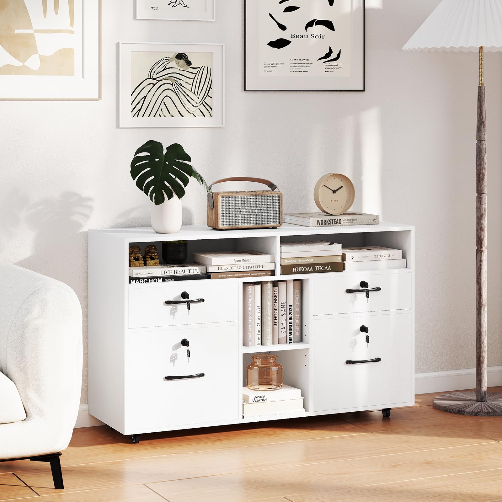 COSTWAY Rollcontainer mit 4 Schubladen, mobiler Aktenschrank abschließbar mit verstellbarem Regal & offenen Fächern, Büroschrank für Schreibtisch, Druckerständer für Zuhause, Büro (Weiß)
