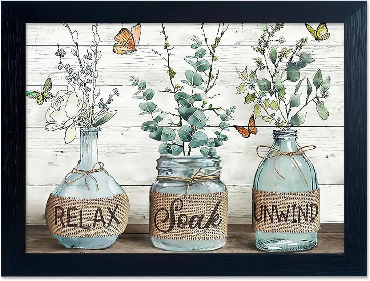 Blue Bathroom Wall Art Pastel Forest Green Leaf Glass Vase Picture Modern Nature Wilderness Butterfly Turquoise Canvas Prints Wall Home Decor for 20"L x 16"W IK05