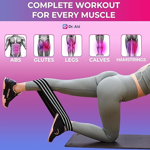 Miniatura 3 de Dr. Aid Bandas de resistencia de tela para mujeres y hombres  Juego de 4 bandas de glúteos (2 tamaños, 2 niveles de tensión)  Antideslizantes,
