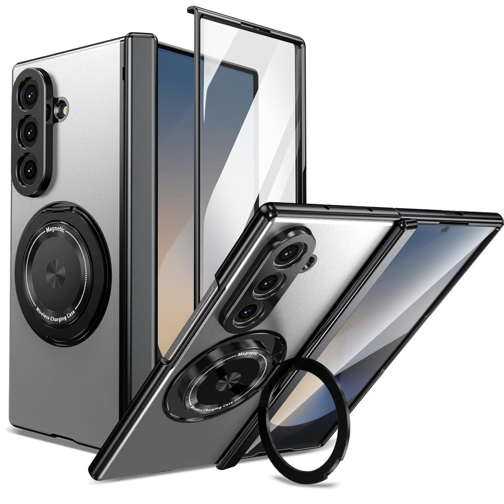 Magnetic Ring Holder Back Cover Compatible with Samsung Galaxy Z Fold 6, 360° Rotating Stand, Hinge Protection, Built-in Screen Protector, Slim Anti-Drop Protective Cover - Silver-image-22