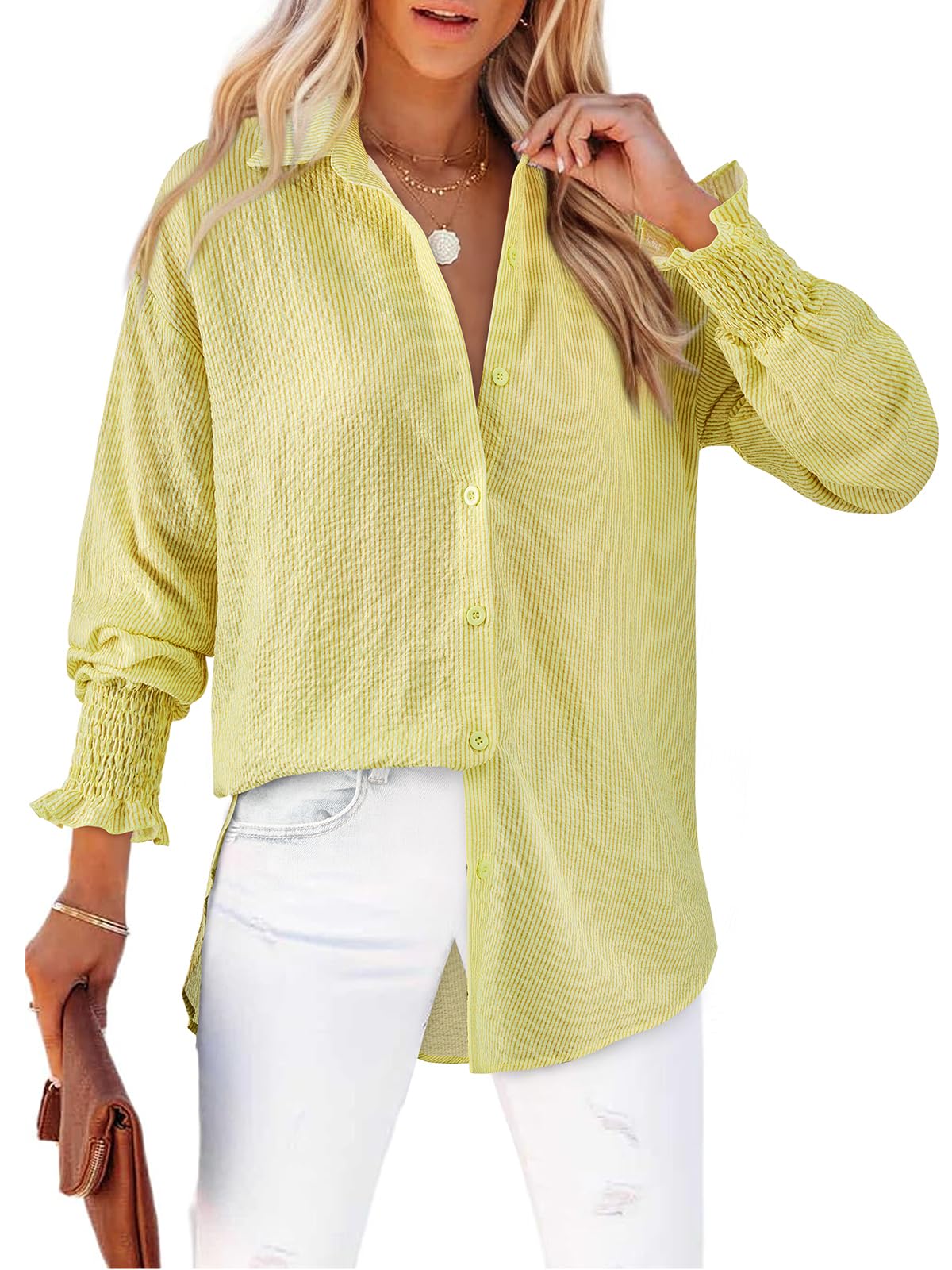 Women's Striped Button Down Shirts Long Sleeve Smocked Cuffed Oversized Boyfriend Blouses Collared Work No Pockets Tops