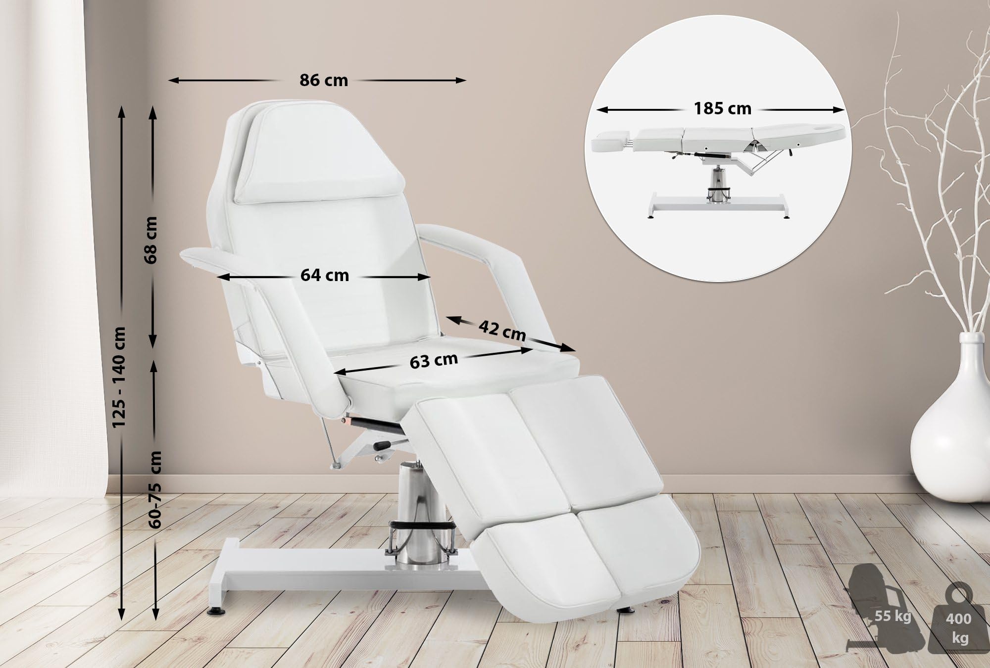 CLP Hydraulische Kosmetik-Liege Split I Massage-Liege Mit Kunstleder-Bezug, Farbe:weiß