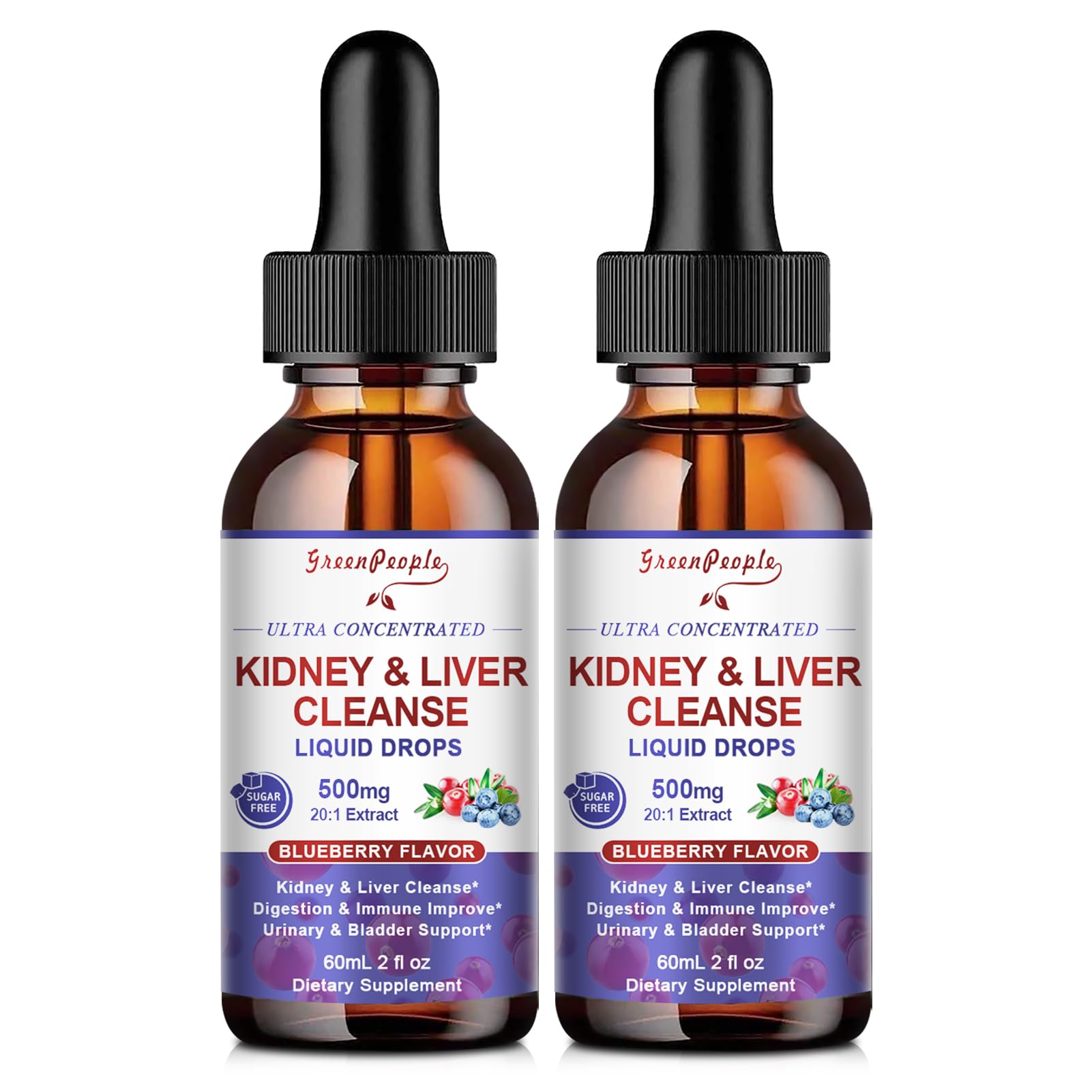 GREENPEOPLE Kidney Cleanse Detox & Repair - 27-In-1 Kidney & Liver Drops with 20:1 Cranberry Extract & Chanca Piedra, Alcohol-Free Supplement for Urinary Tract & Liver Support (2 Oz 2 Pack, Blueberry)