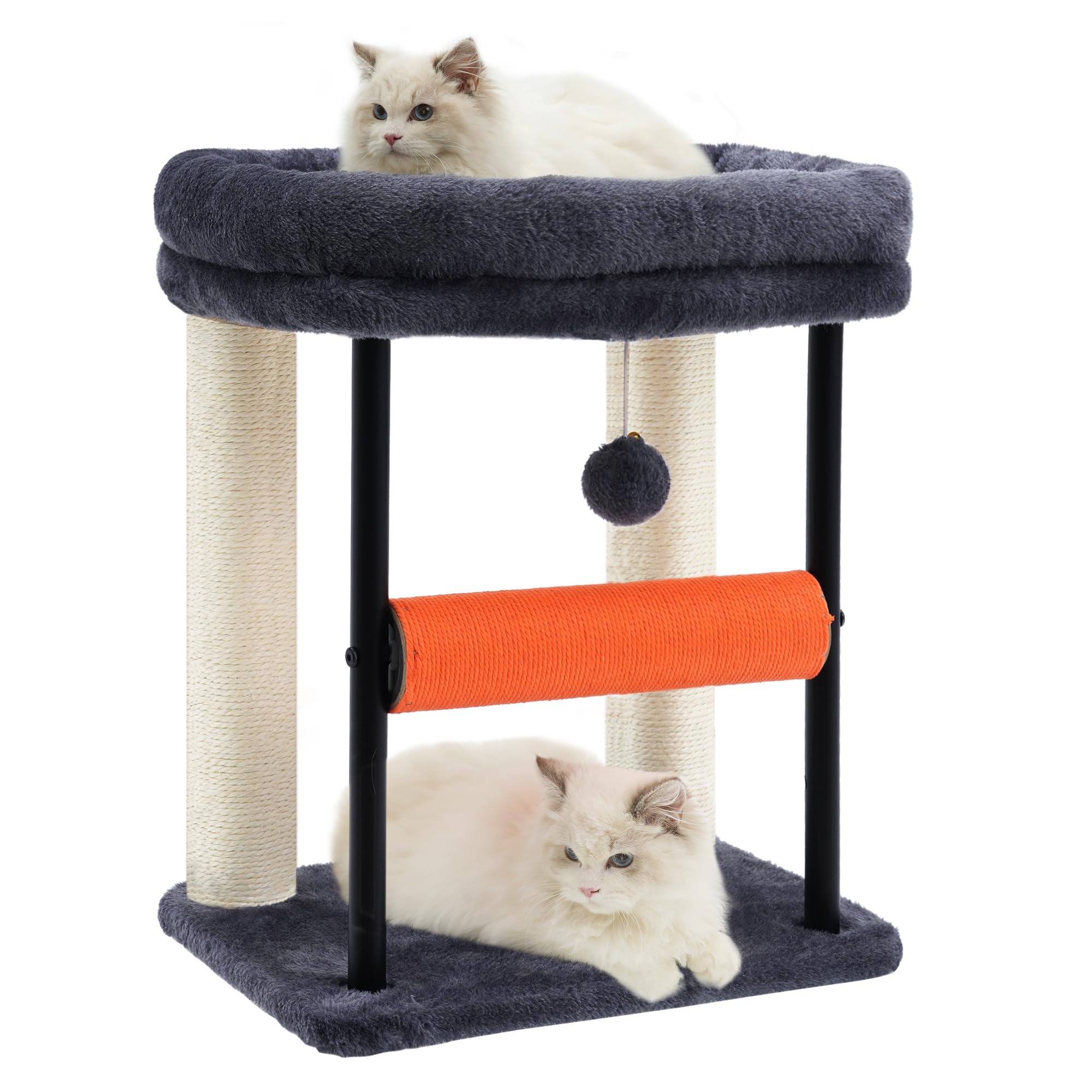 Hey-brother Cat Tree Tower with Rolling Scratching Post, Spacious Plush Platforms, Fully Sisal-Wrapped Column and Plush Toy Ball, Sturdy Bed for Indoor Kittens, 18.9 inches, Smoky Gray MPJ010SG
