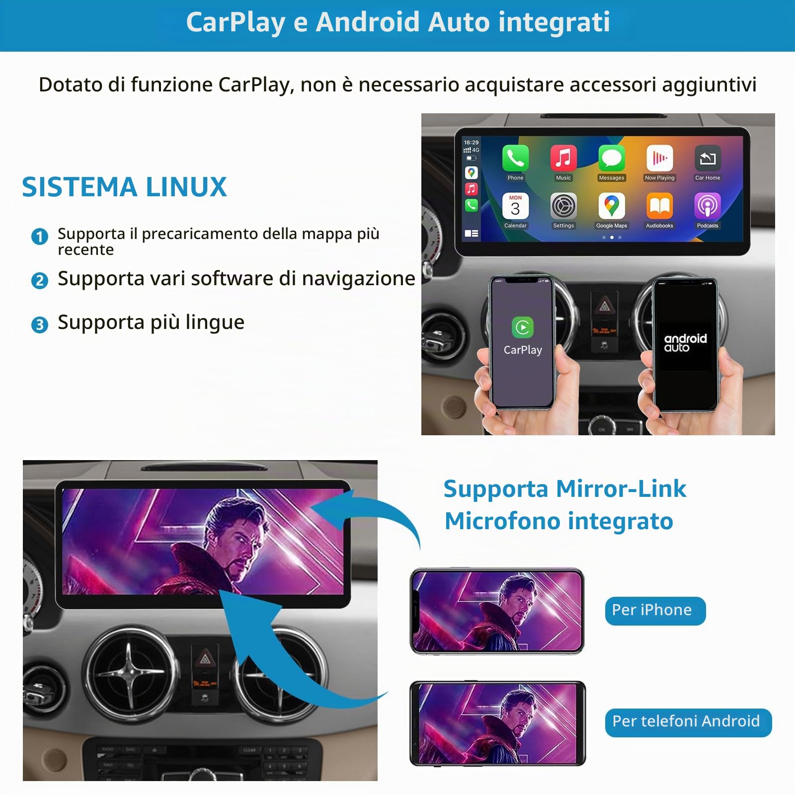 Autoradio con schermo touch da 12,3 pollici, con Carplay wireless e Android Car per Mercedes Benz GLK Classe X204 2013-2015 NTG4.5/4.7, supporto Mirrorlink, telecamera, navigazione