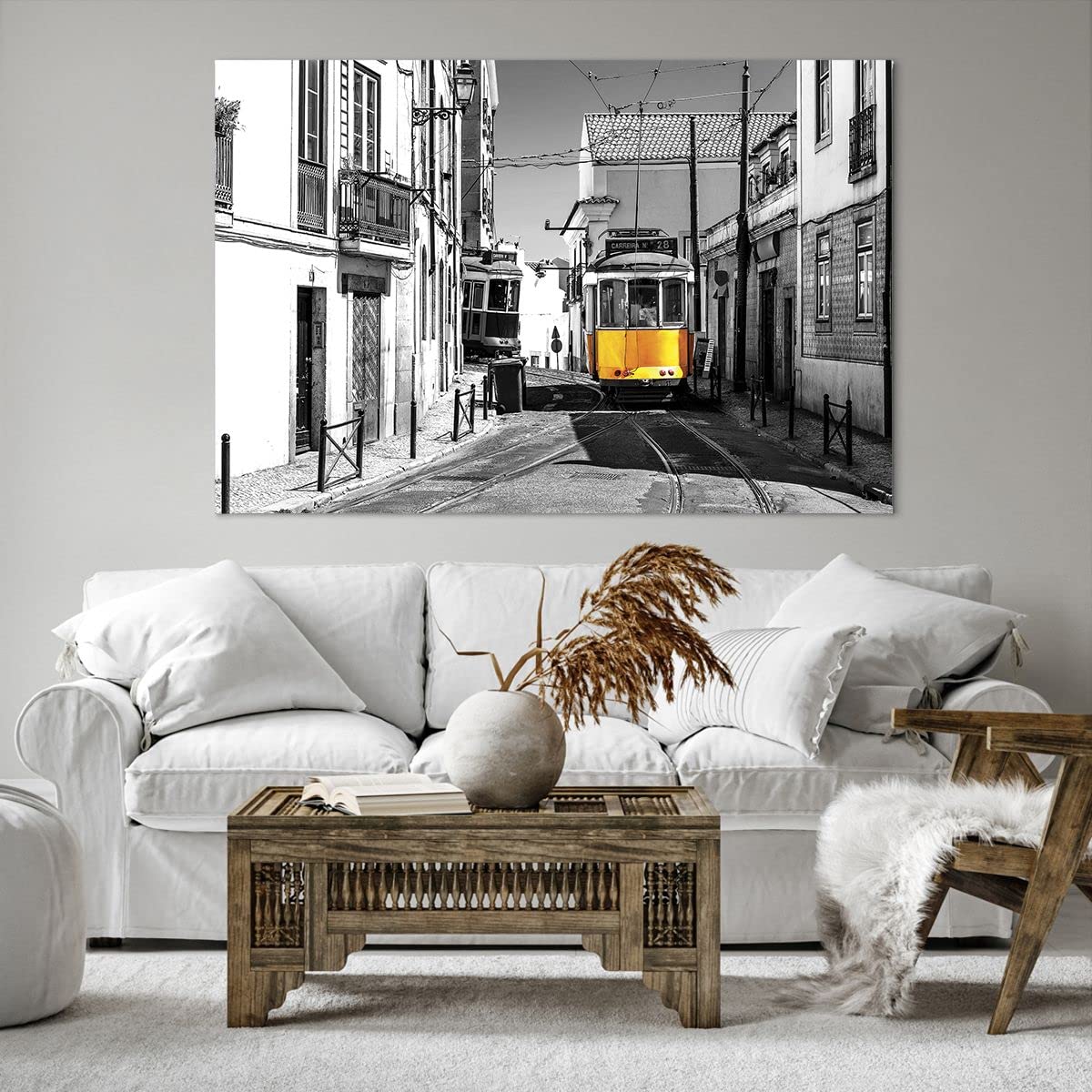 Moderne Impression sur Toile Tram Portugal Lisbonne Image Tableau Decoration Murale 45x80cm Deco Cadre Salon Chambre Cuisine Vertical Petit Tableaux Decoratifs Muraux Art Wall Decor PA45x80-4977