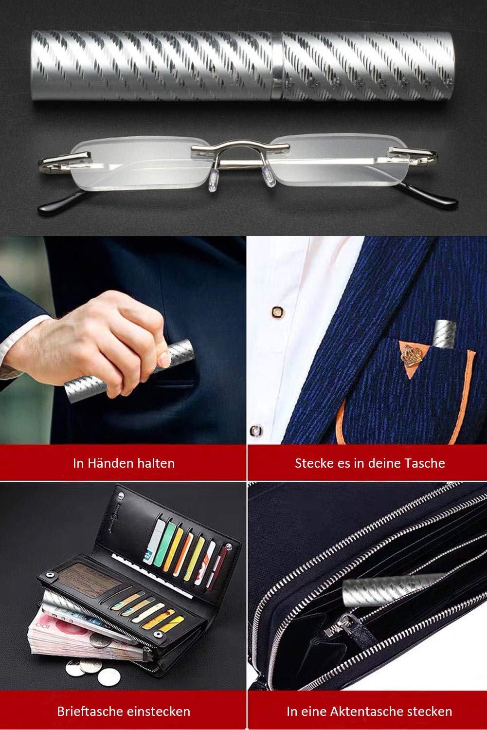 KOOSUFA Randlose Lesebrille Herren Damen Tragbar Brillenhülle Metall Federscharnier Schmal Leichte Stil Stärken lesebrille mit Brillenetui 1.0 1.5 2.0 2.5 3.0 3.5